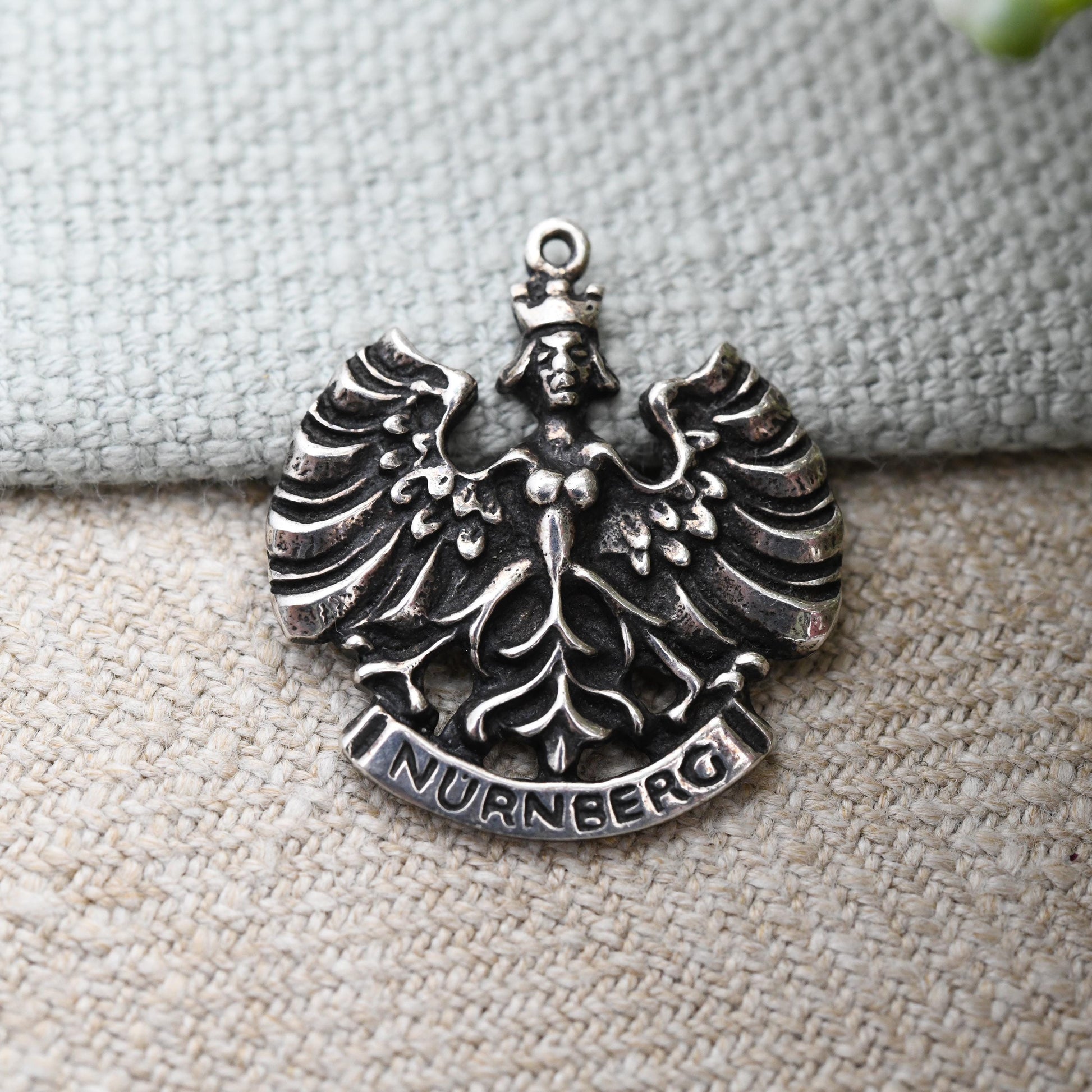 Vintage Silver Nurnberg Pendant Nuremberg City Crest Eagle with King's Head Winged Harpy - German Bavarian City Souvenir Large Charm Pendant