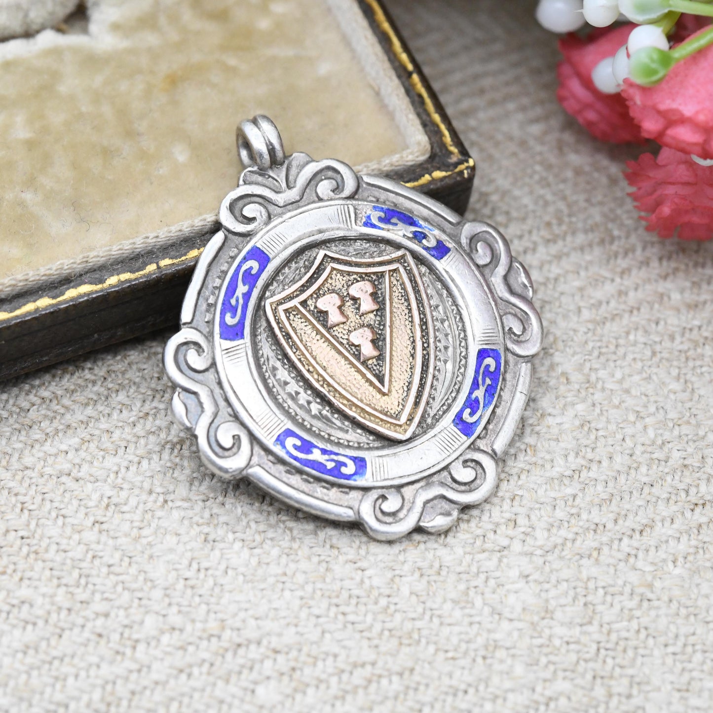 Vintage Sterling Silver Watch Fob Pendant 1931 by Charles Usher Manufacturing CU - with Rose Gold Plated Chester Shield Front Blue Enamel