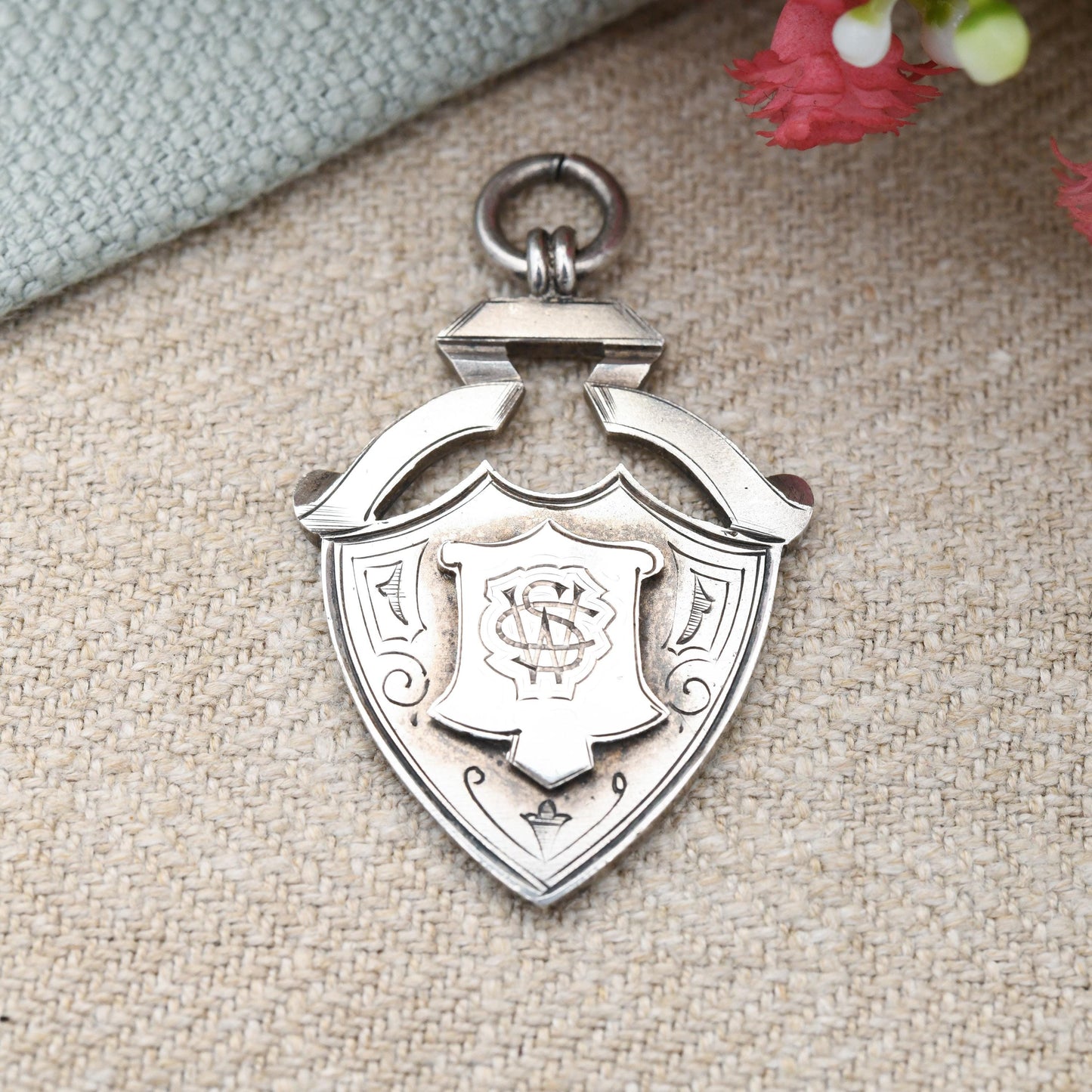 Antique Sterling Silver Watch Fob Pendant 1895 by Vaughton and Sons V&S - Engraved Shield Chunky Victorian Medal Pendant Solid | Drinkwater