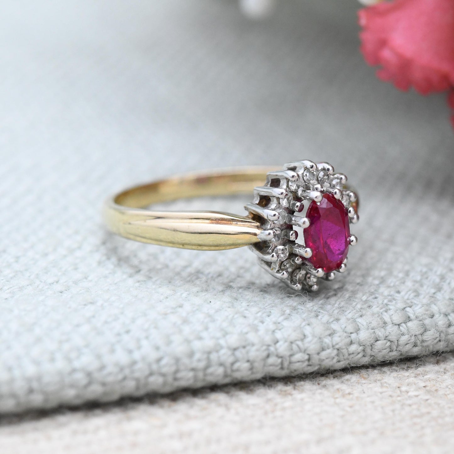 Vintage 9ct Gold Ruby Diamond Halo Ring 1994 by Alfred Terry - Solid Gold Pink Engagement Jewellery Gift | UK Size - O | US Size - 7 1/4