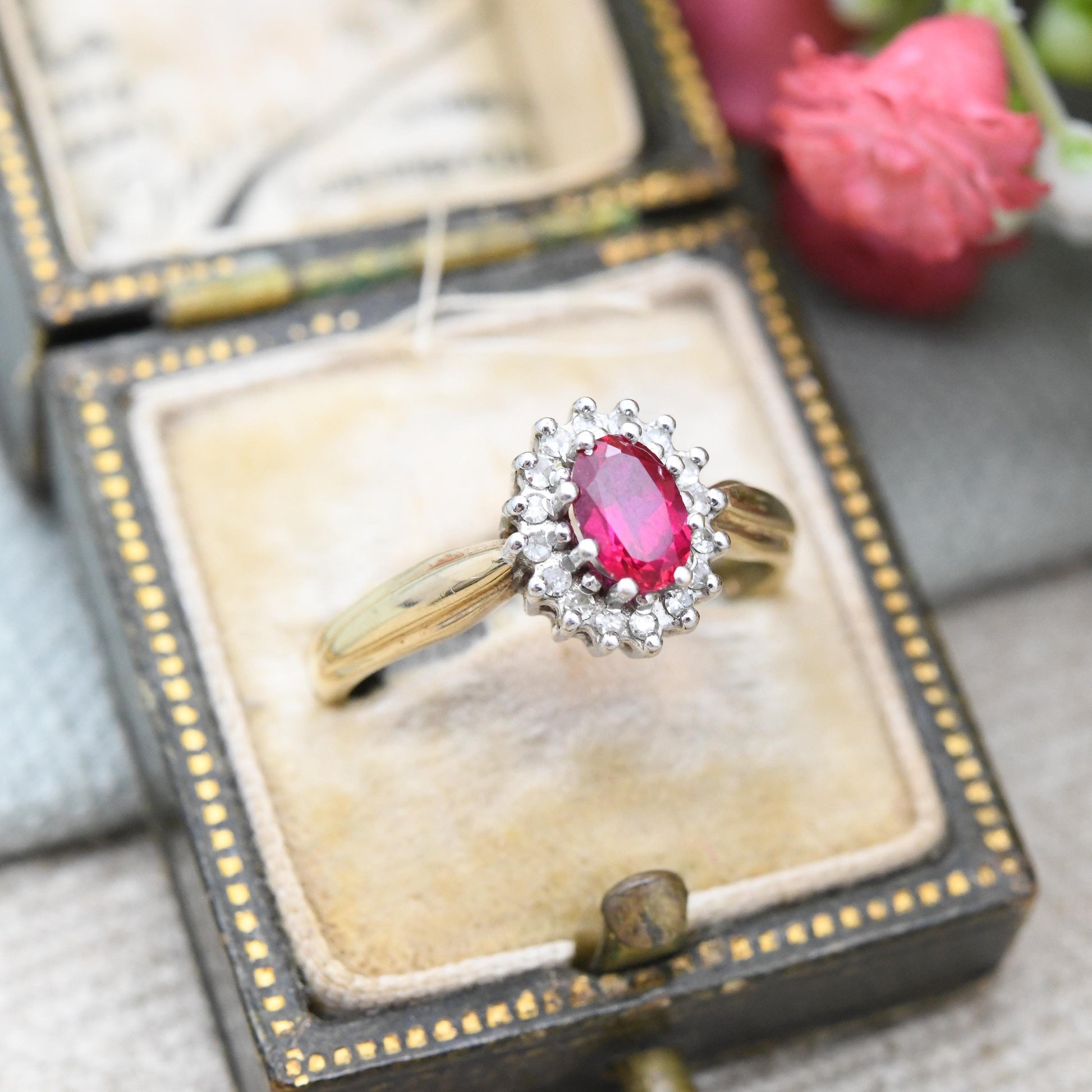 Vintage 9ct Gold Ruby Diamond Halo Ring 1994 by Alfred Terry - Solid Gold Pink Engagement Jewellery Gift | UK Size - O | US Size - 7 1/4