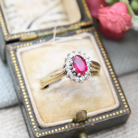 Vintage 9ct Gold Ruby Diamond Halo Ring 1994 by Alfred Terry - Solid Gold Pink Engagement Jewellery Gift | UK Size - O | US Size - 7 1/4