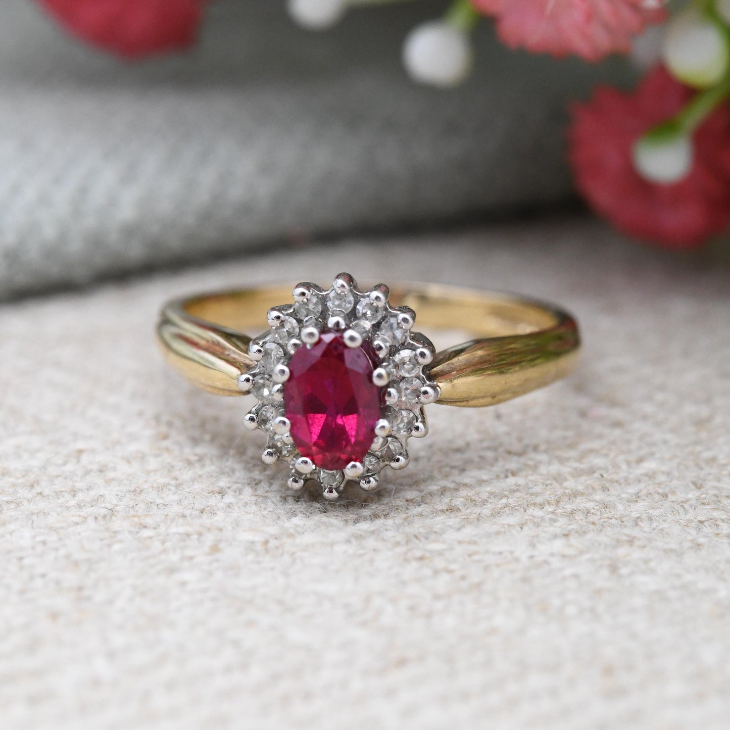 Vintage 9ct Gold Ruby Diamond Halo Ring 1994 by Alfred Terry - Solid Gold Pink Engagement Jewellery Gift | UK Size - O | US Size - 7 1/4