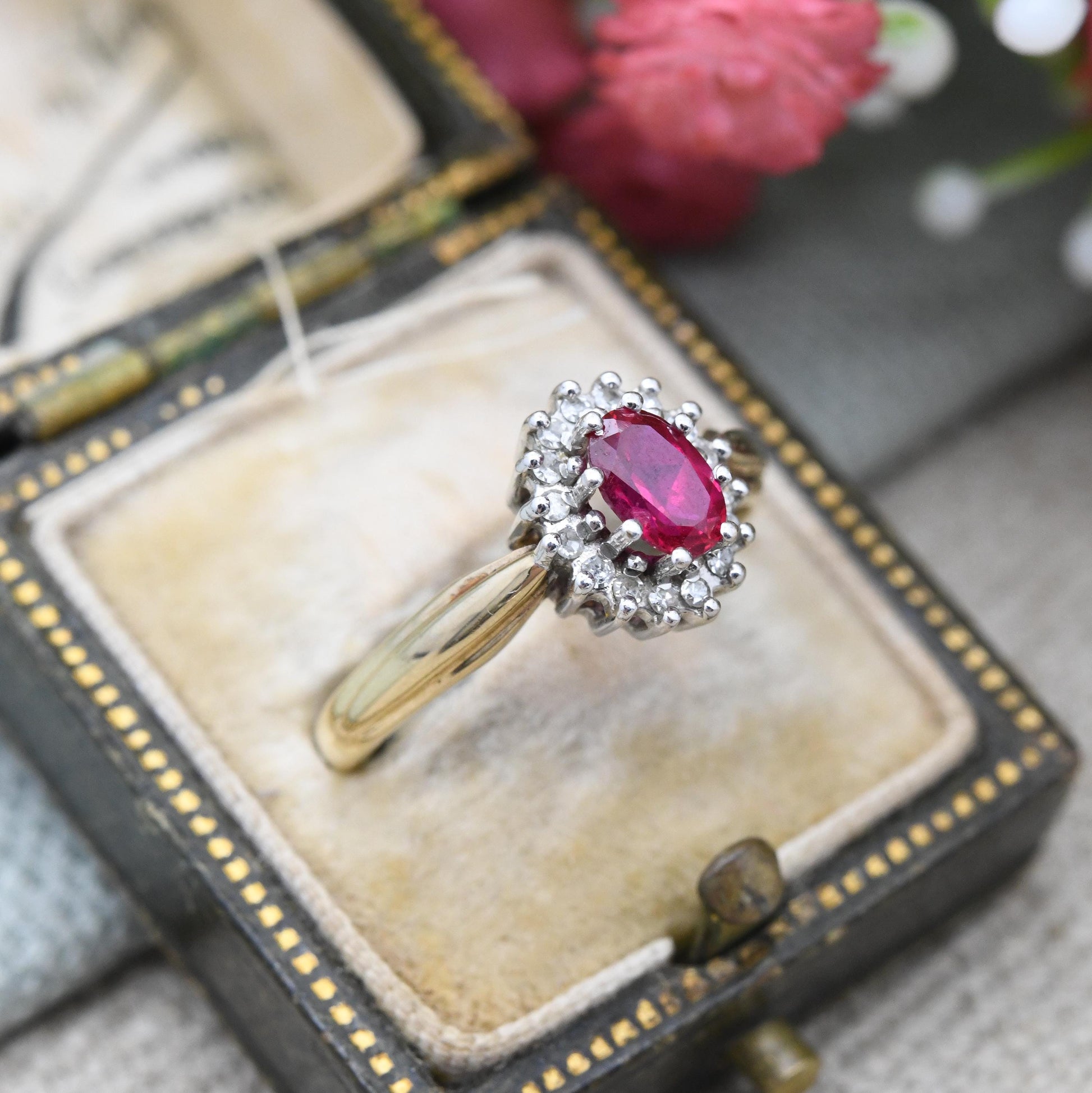 Vintage 9ct Gold Ruby Diamond Halo Ring 1994 by Alfred Terry - Solid Gold Pink Engagement Jewellery Gift | UK Size - O | US Size - 7 1/4