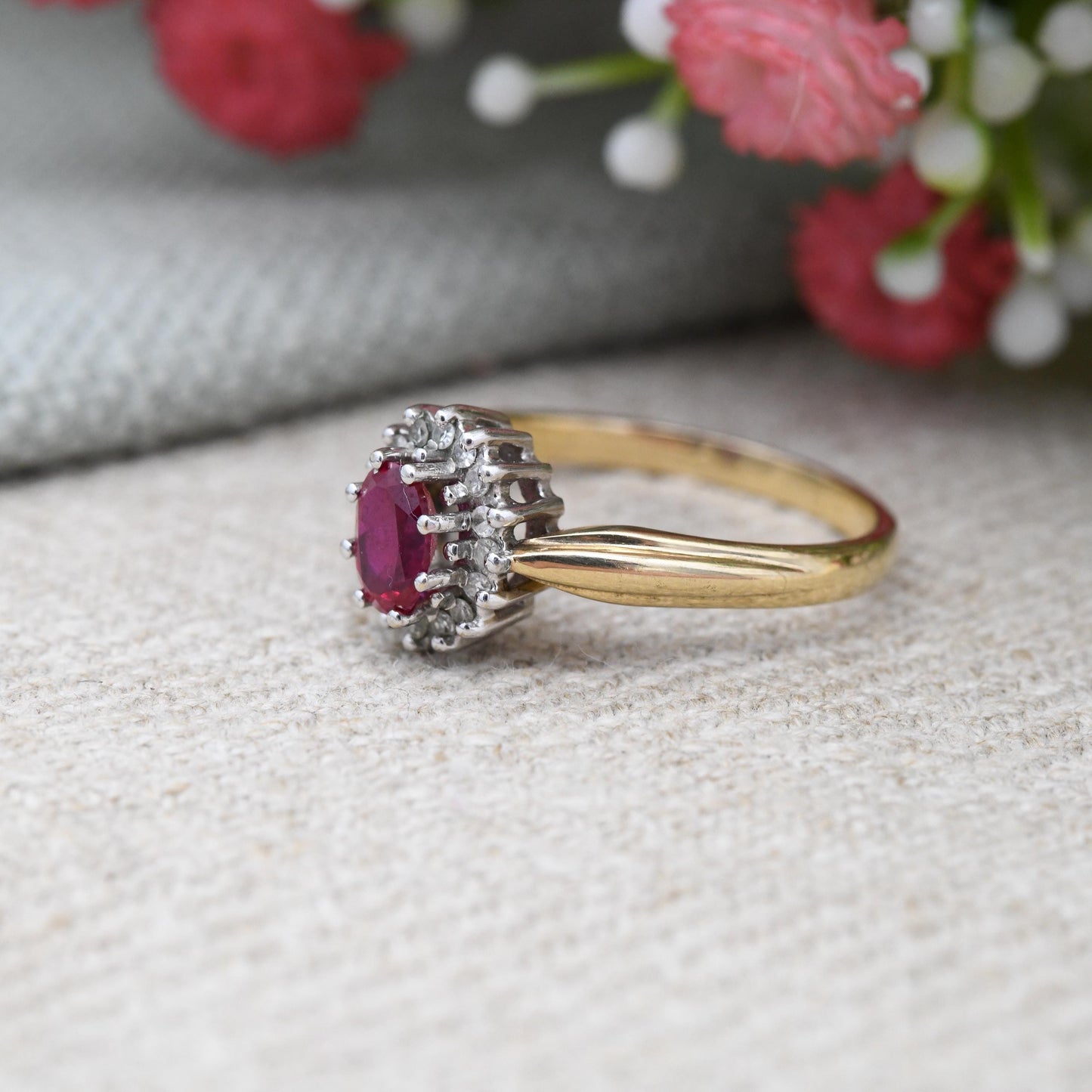 Vintage 9ct Gold Ruby Diamond Halo Ring 1994 by Alfred Terry - Solid Gold Pink Engagement Jewellery Gift | UK Size - O | US Size - 7 1/4