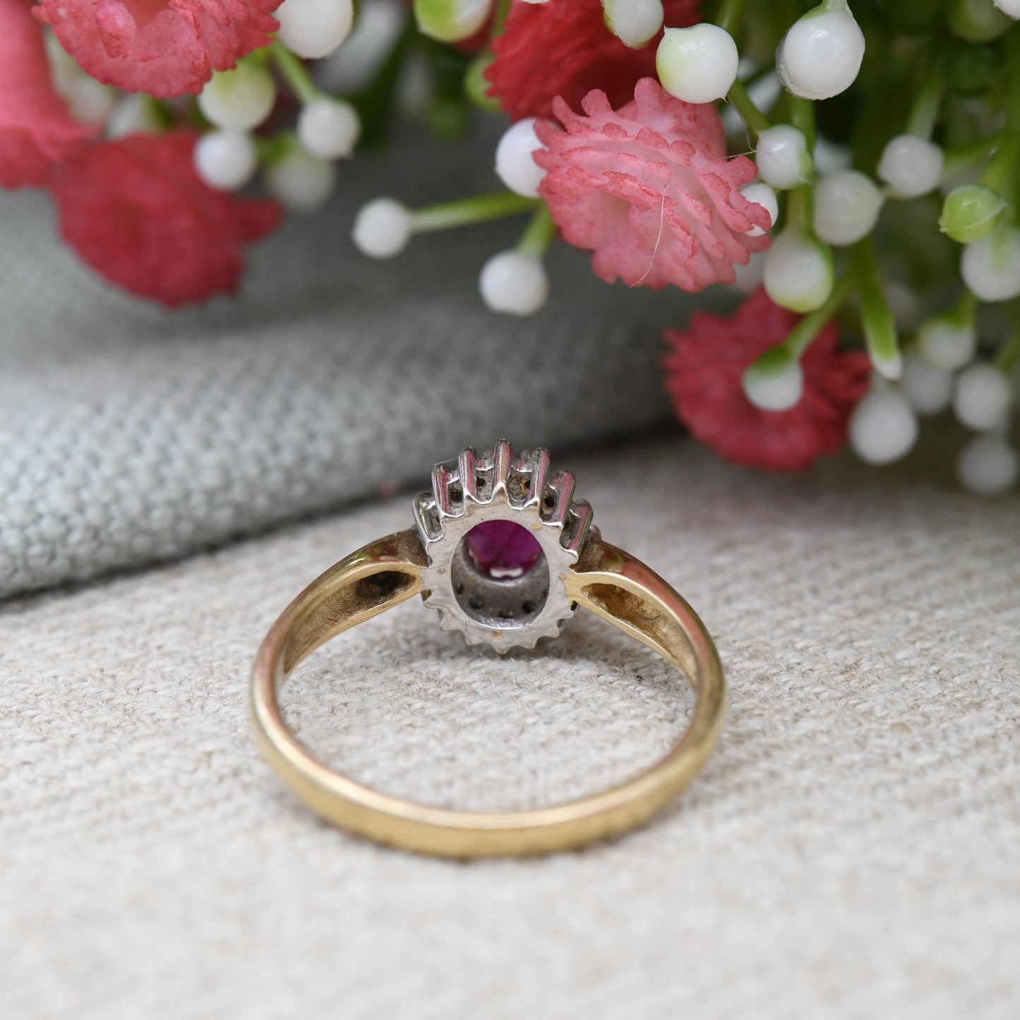 Vintage 9ct Gold Ruby Diamond Halo Ring 1994 by Alfred Terry - Solid Gold Pink Engagement Jewellery Gift | UK Size - O | US Size - 7 1/4