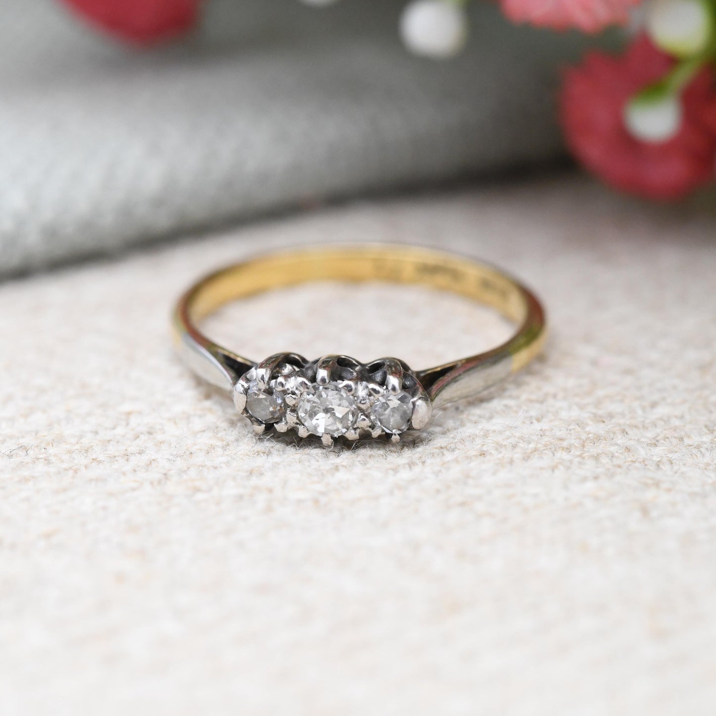 Vintage 18ct Gold and Platinum Three Stone Diamond Ring - Trilogy Engagement Ring c. 1930s | UK Size - L 1/2 | US Size - 6