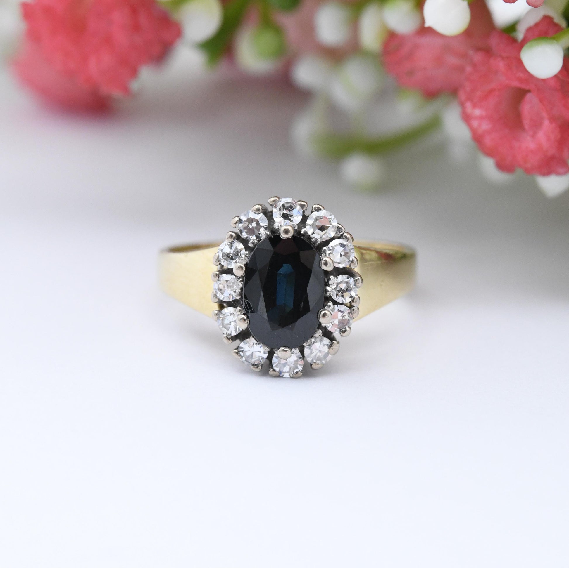 Vintage 18ct Gold Sapphire and Diamond Halo Ring 1986 - Mid-Century Cocktail Statement Engagement Ring | UK Size - L | US Size - 5 3/4