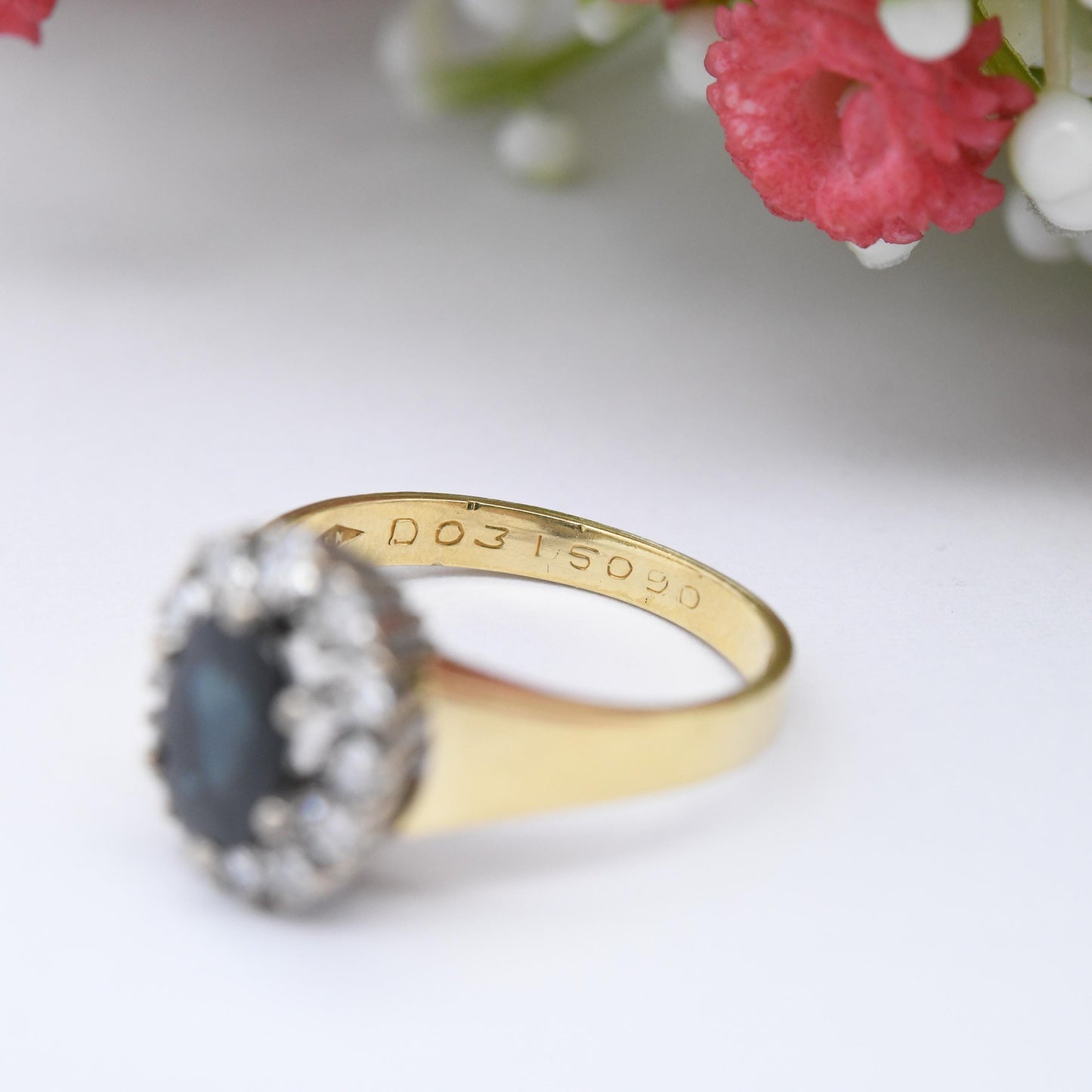 Vintage 18ct Gold Sapphire and Diamond Halo Ring 1986 - Mid-Century Cocktail Statement Engagement Ring | UK Size - L | US Size - 5 3/4