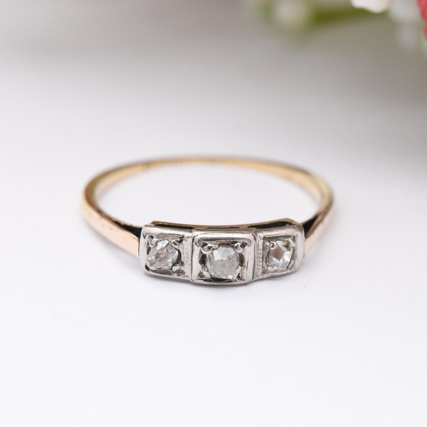 Antique 18ct Gold and Platinum Old Cut Diamond Three Stone Ring - Early 20th Century Pretty Trilogy Engagement | UK Size - L 1/2 US Size - 6