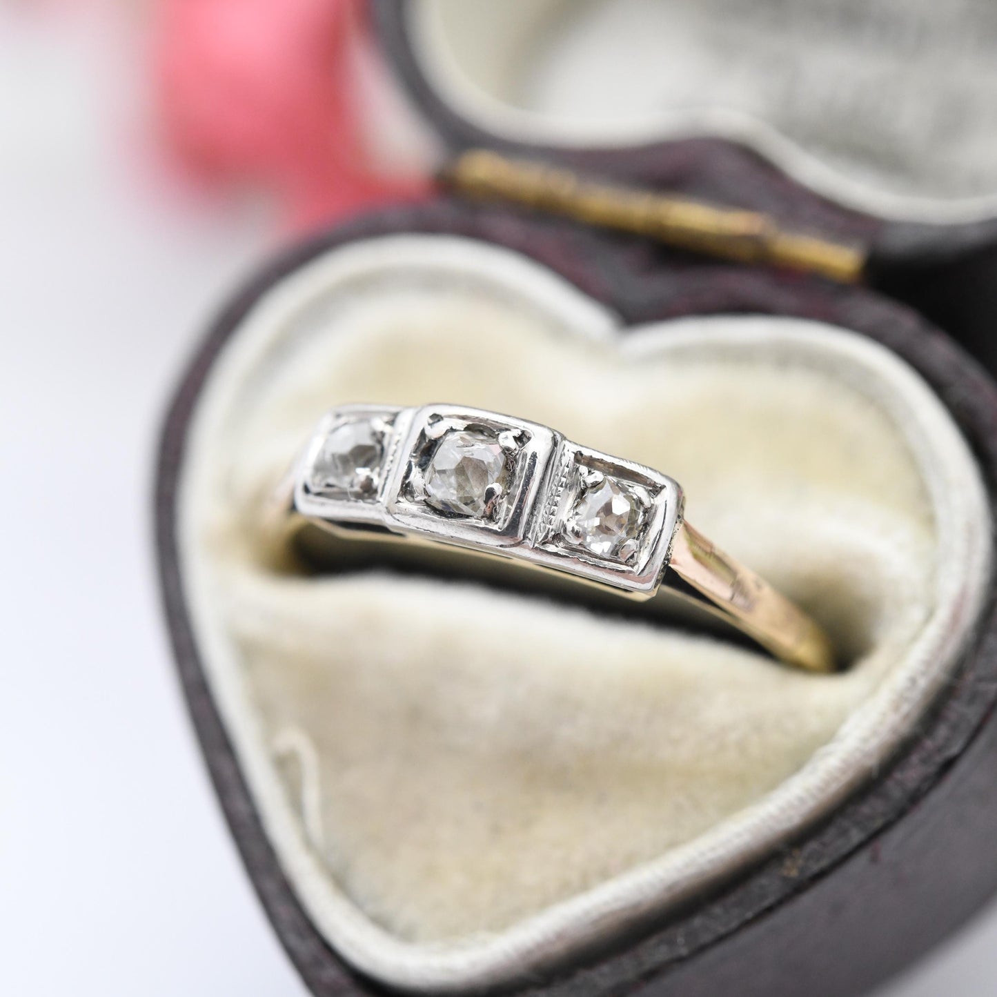 Antique 18ct Gold and Platinum Old Cut Diamond Three Stone Ring - Early 20th Century Pretty Trilogy Engagement | UK Size - L 1/2 US Size - 6