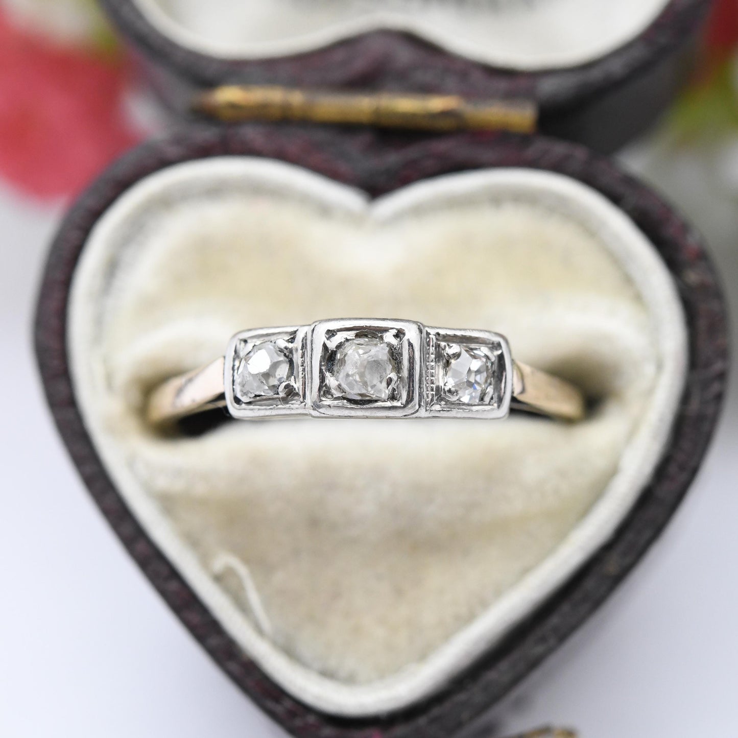 Antique 18ct Gold and Platinum Old Cut Diamond Three Stone Ring - Early 20th Century Pretty Trilogy Engagement | UK Size - L 1/2 US Size - 6