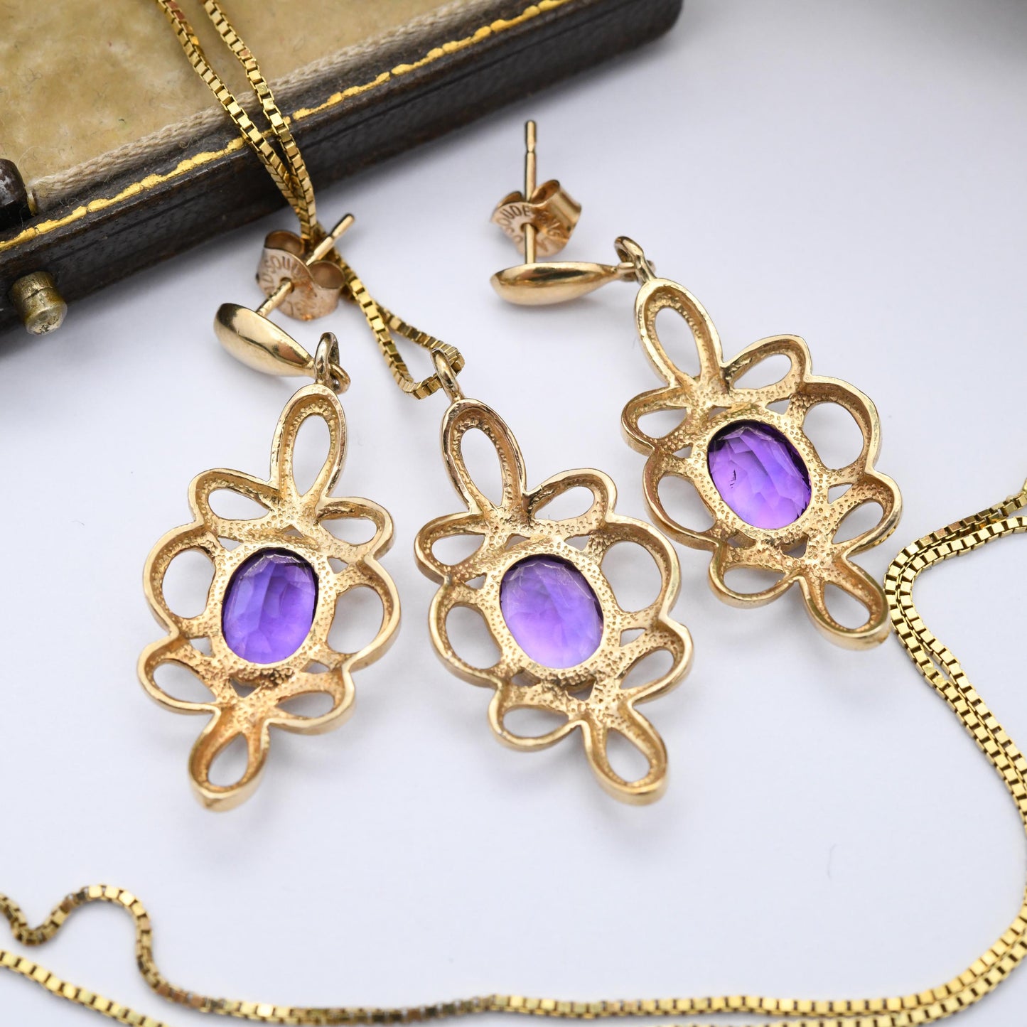 Vintage 9ct Gold Amethyst Jewellery Set 1995 Pendant Necklace and Drop Earrings - Twisted Knot Solid Gold Jewellery Gift Set | Soude England