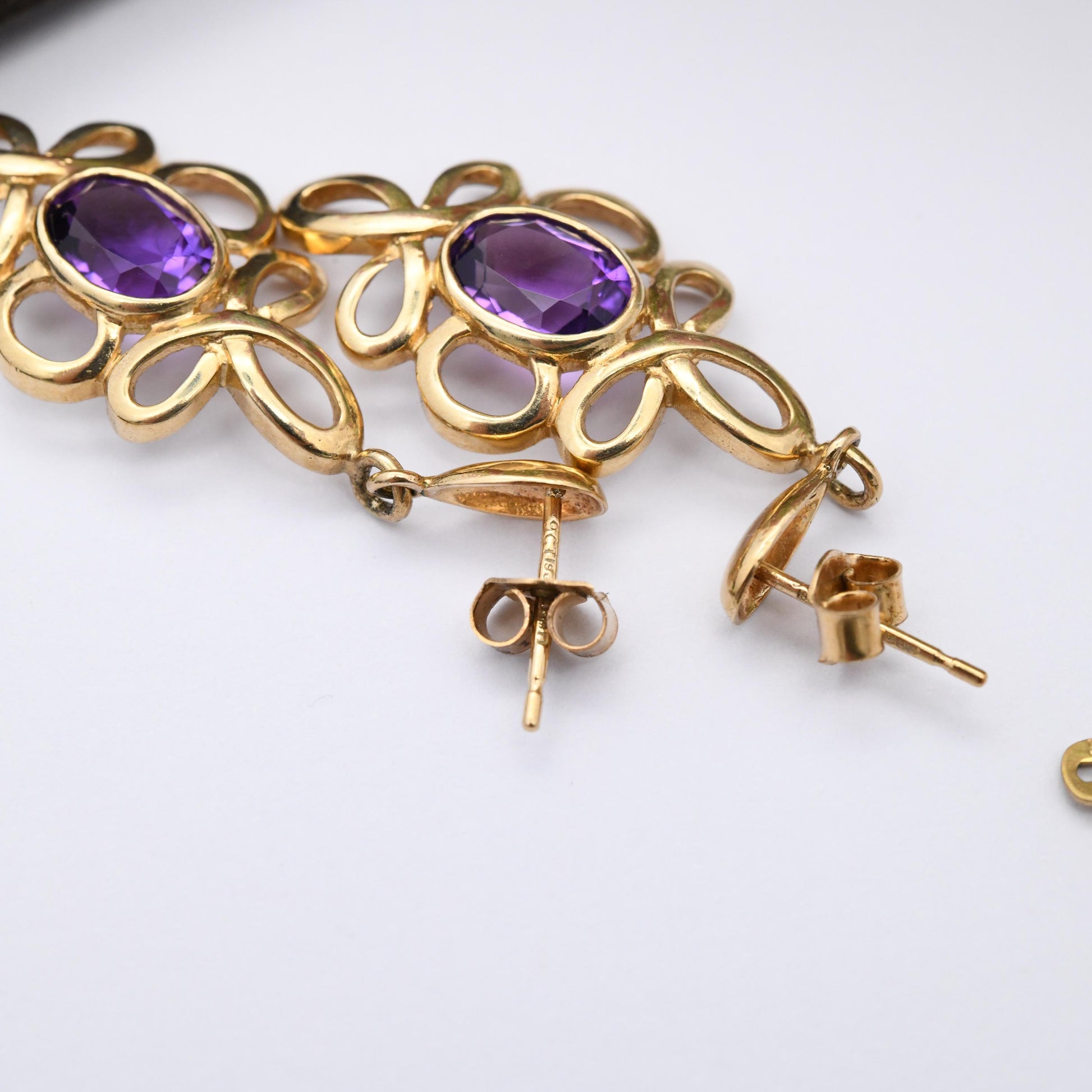 Vintage 9ct Gold Amethyst Jewellery Set 1995 Pendant Necklace and Drop Earrings - Twisted Knot Solid Gold Jewellery Gift Set | Soude England