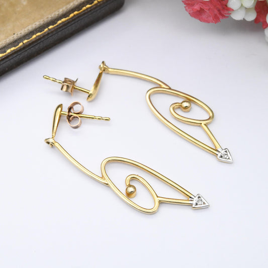 Vintage 9ct Gold Diamond Drop Earrings Arrow Shape 1990s - Large Spiral Shape Symbol Earring Jewellery Gift | Gold Butterfly Backs