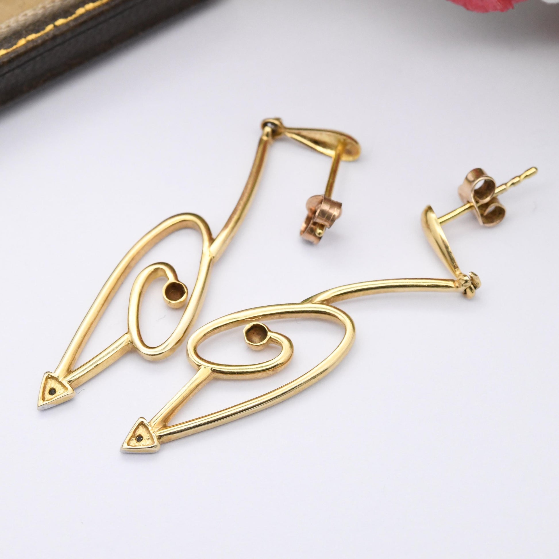 Vintage 9ct Gold Diamond Drop Earrings Arrow Shape 1990s - Large Spiral Shape Symbol Earring Jewellery Gift | Gold Butterfly Backs