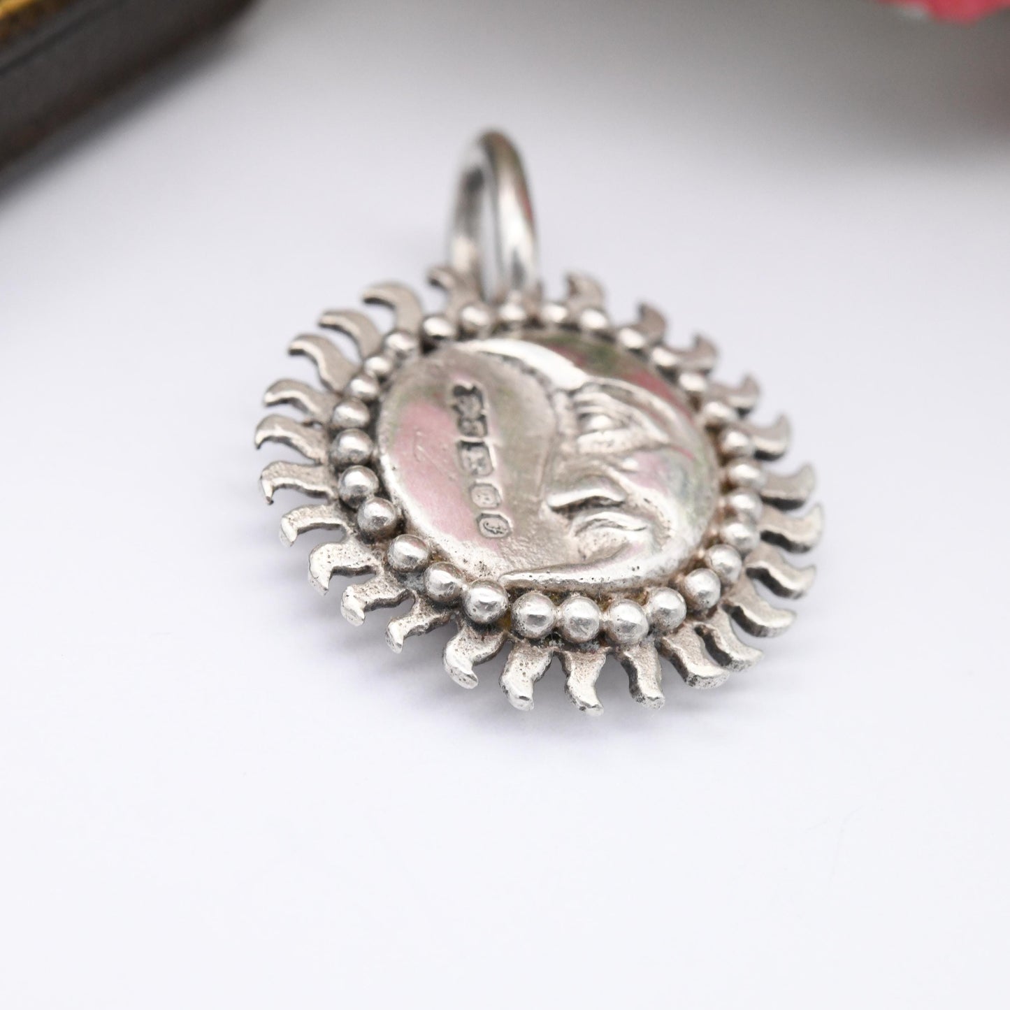 Vintage Sterling Silver Sun and Moon Pendant with Faces 1980 - Crescent Moon in Sun Two Sided Face Solid Silver Necklace Charm 3D Jewellery