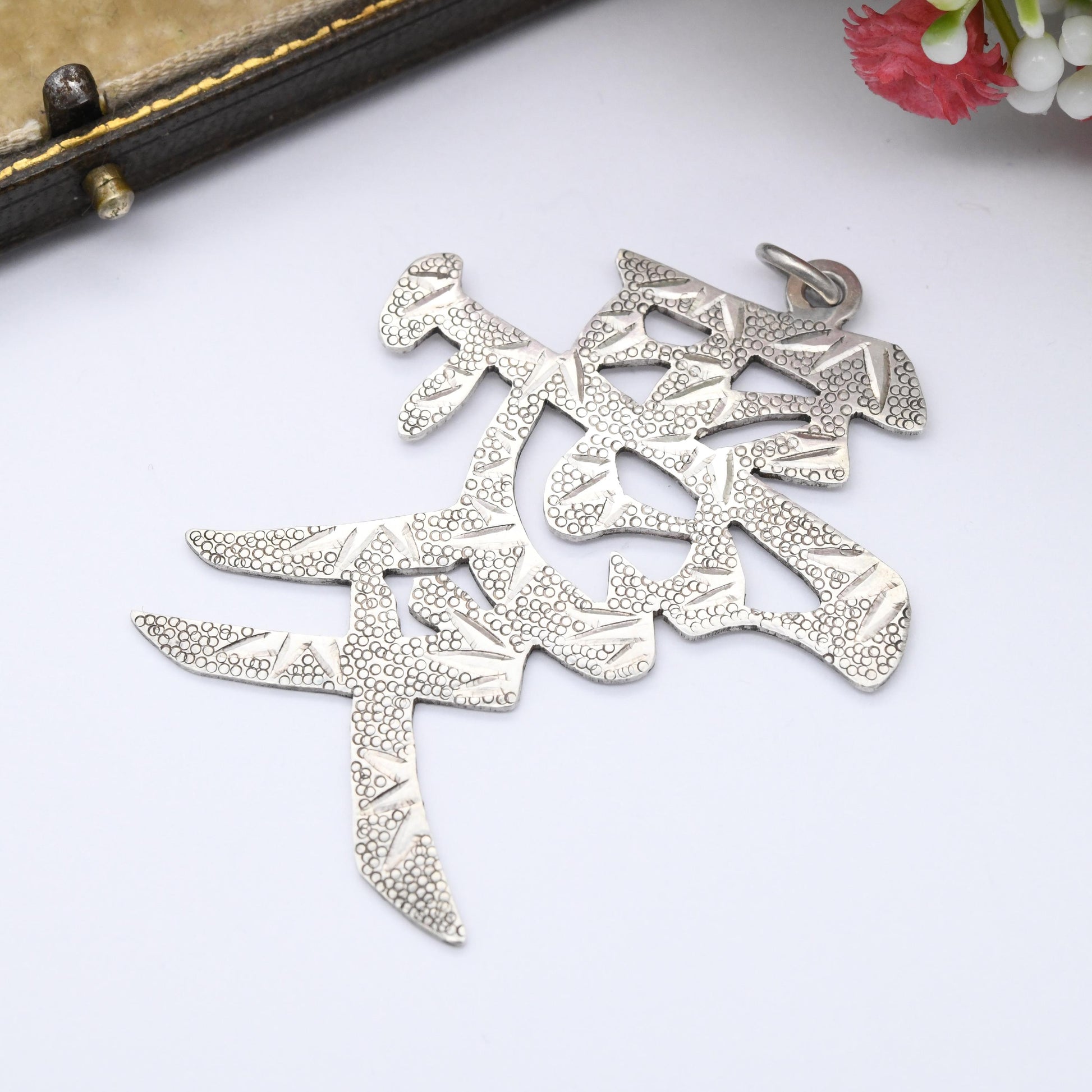 Vintage Chinese Character Sterling Silver Love Pendant Engraved Design - Large Word Pendant Made in Hong Kong | Sentimental Gift for Him Her