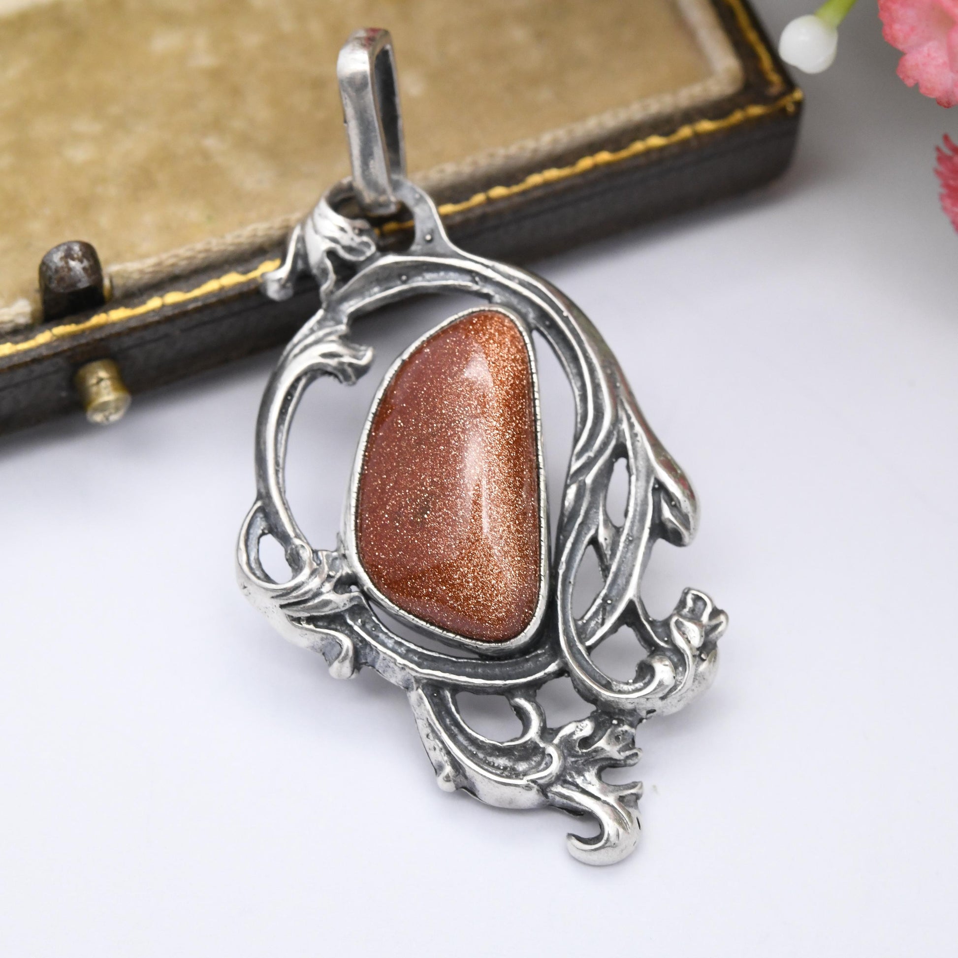 Vintage Polish Sterling Silver Goldstone Pendant Art Nouveau Style - Openwork Scrolling Swirling Design | Fitted Gemstone | Krakow Stamp