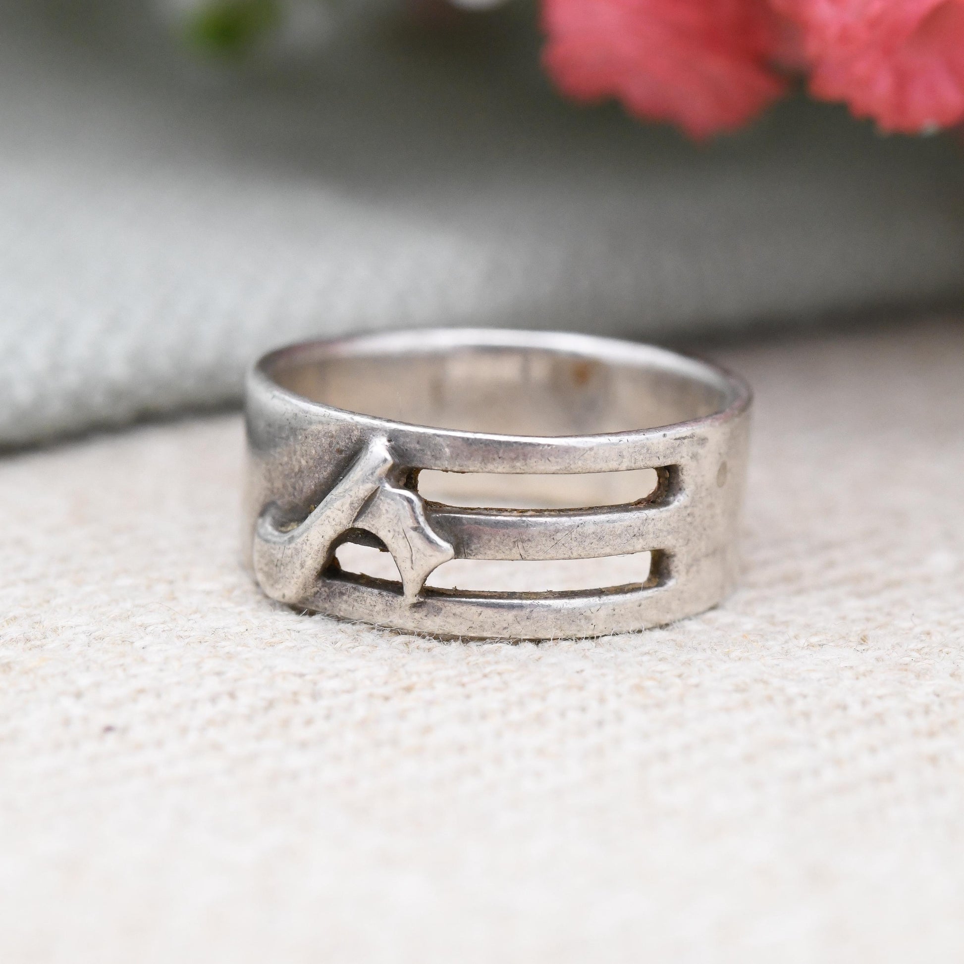 Vintage Sterling Silver Musical Note Band Ring Cut Out - Chunky Unisex Solid Silver Jewellery Gift | UK Size - M 1/2 | US Size - 6 1/2