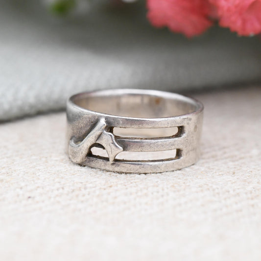 Vintage Sterling Silver Musical Note Band Ring Cut Out - Chunky Unisex Solid Silver Jewellery Gift | UK Size - M 1/2 | US Size - 6 1/2