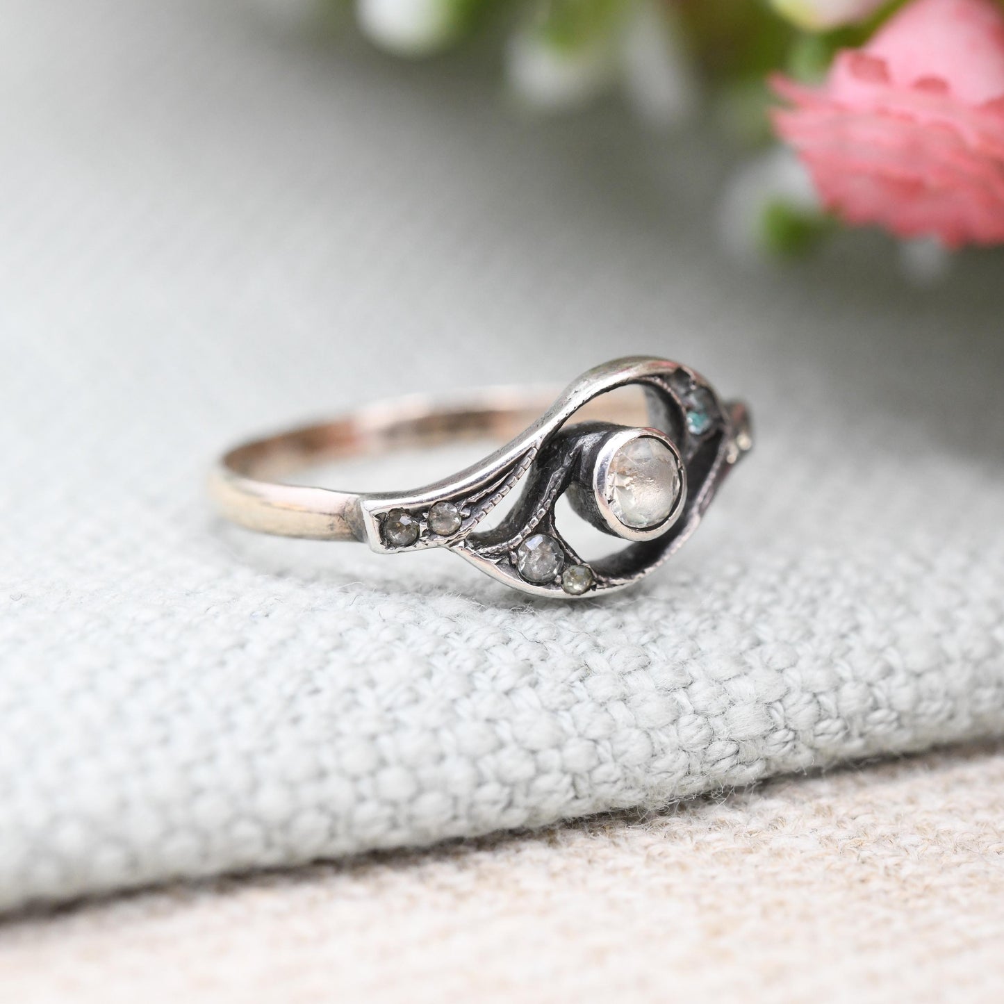Antique Astron Charnier Rolled Gold Ring with Clear Paste - French Jewellery Designer Pretty Twist Ring Gift | UK Size - N | US Size - 6 3/4