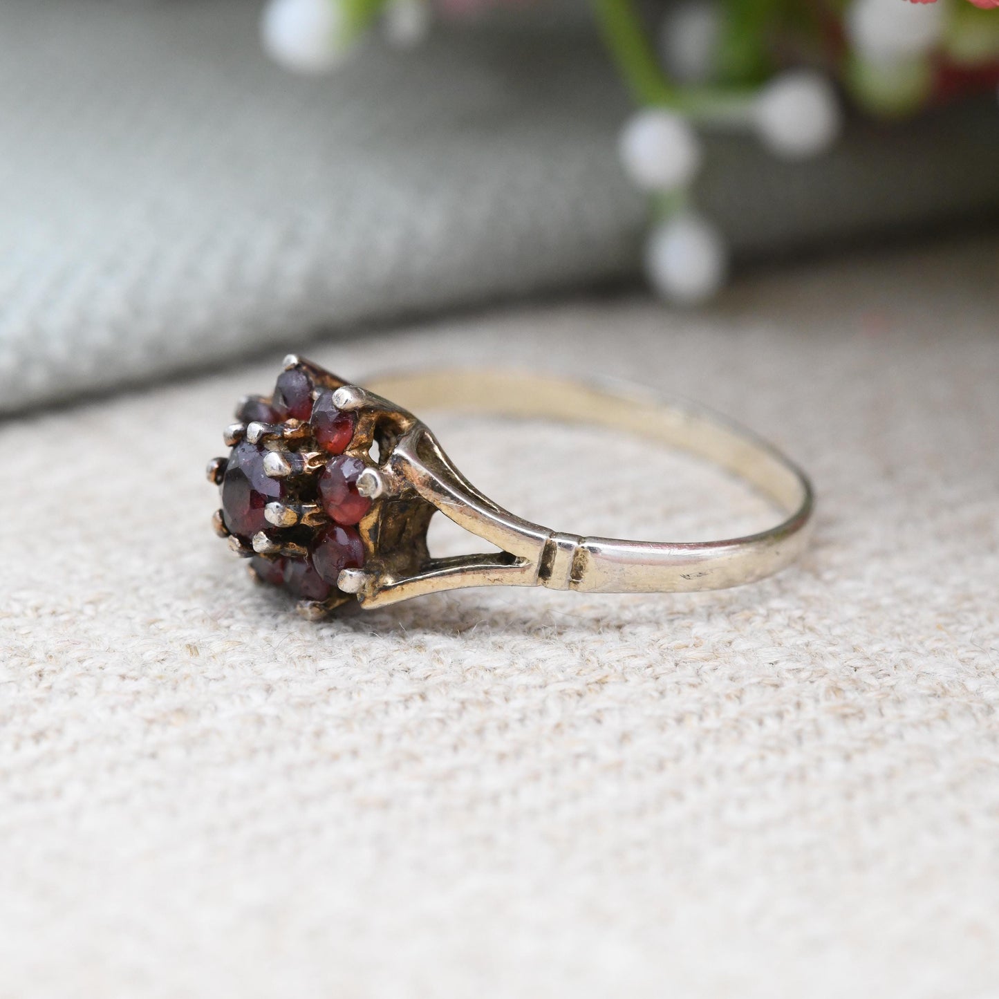 Vintage Sterling Silver Garnet Cluster Flower Ring - Pretty Mid-Century Statement Red Gemstone Cocktail Ring | UK Size - P 1/2 | US Size - 8