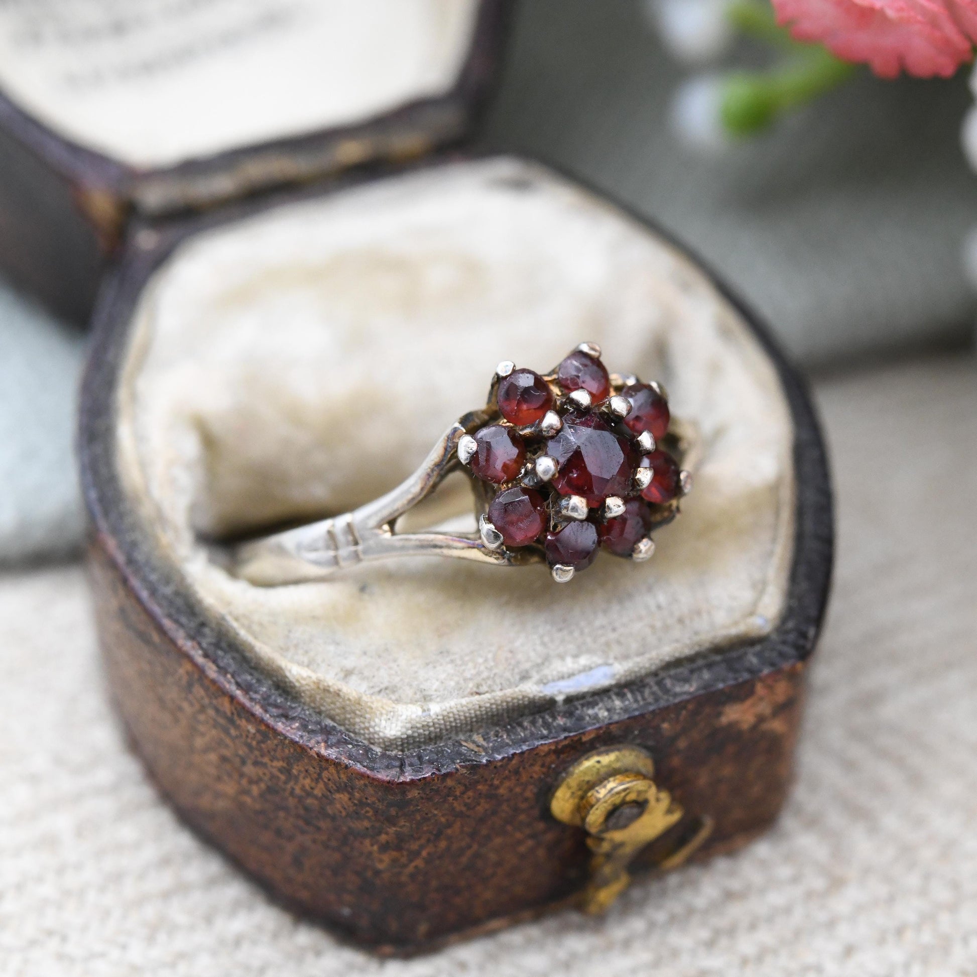 Vintage Sterling Silver Garnet Cluster Flower Ring - Pretty Mid-Century Statement Red Gemstone Cocktail Ring | UK Size - P 1/2 | US Size - 8