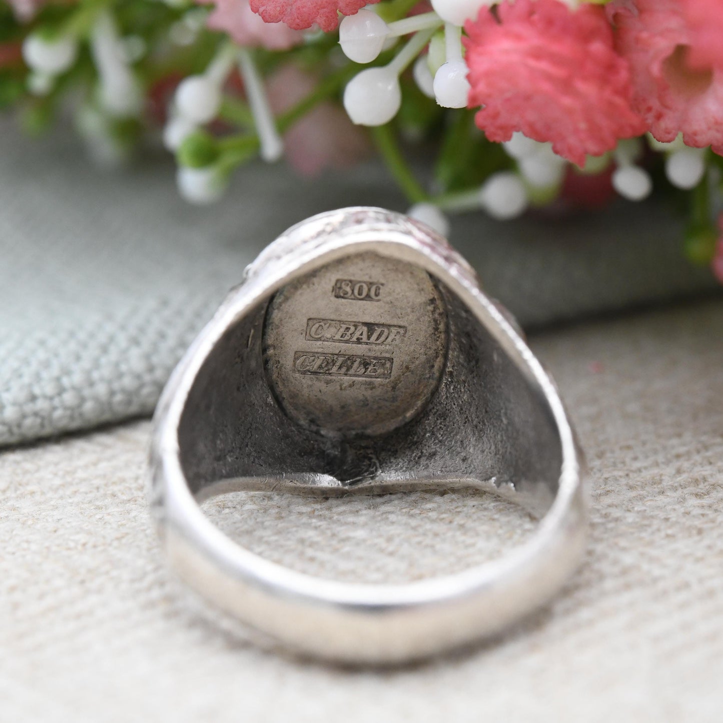 Vintage German Silver Signet Ring Engraved Monogram by C Bade Celle - Large Statement Ring Antique Style | UK Size - V 1/2 US Size - 10 3/4