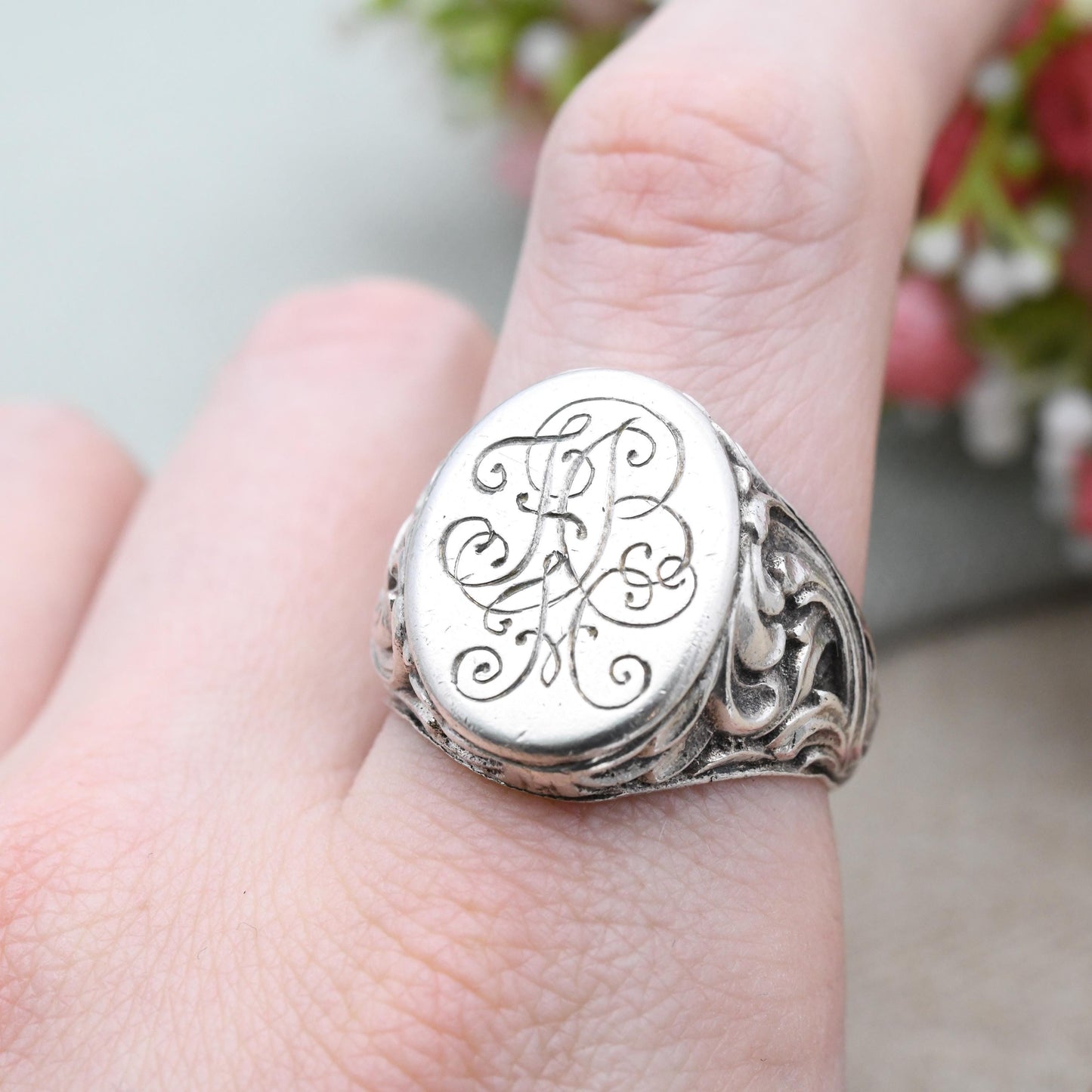 Vintage German Silver Signet Ring Engraved Monogram by C Bade Celle - Large Statement Ring Antique Style | UK Size - V 1/2 US Size - 10 3/4