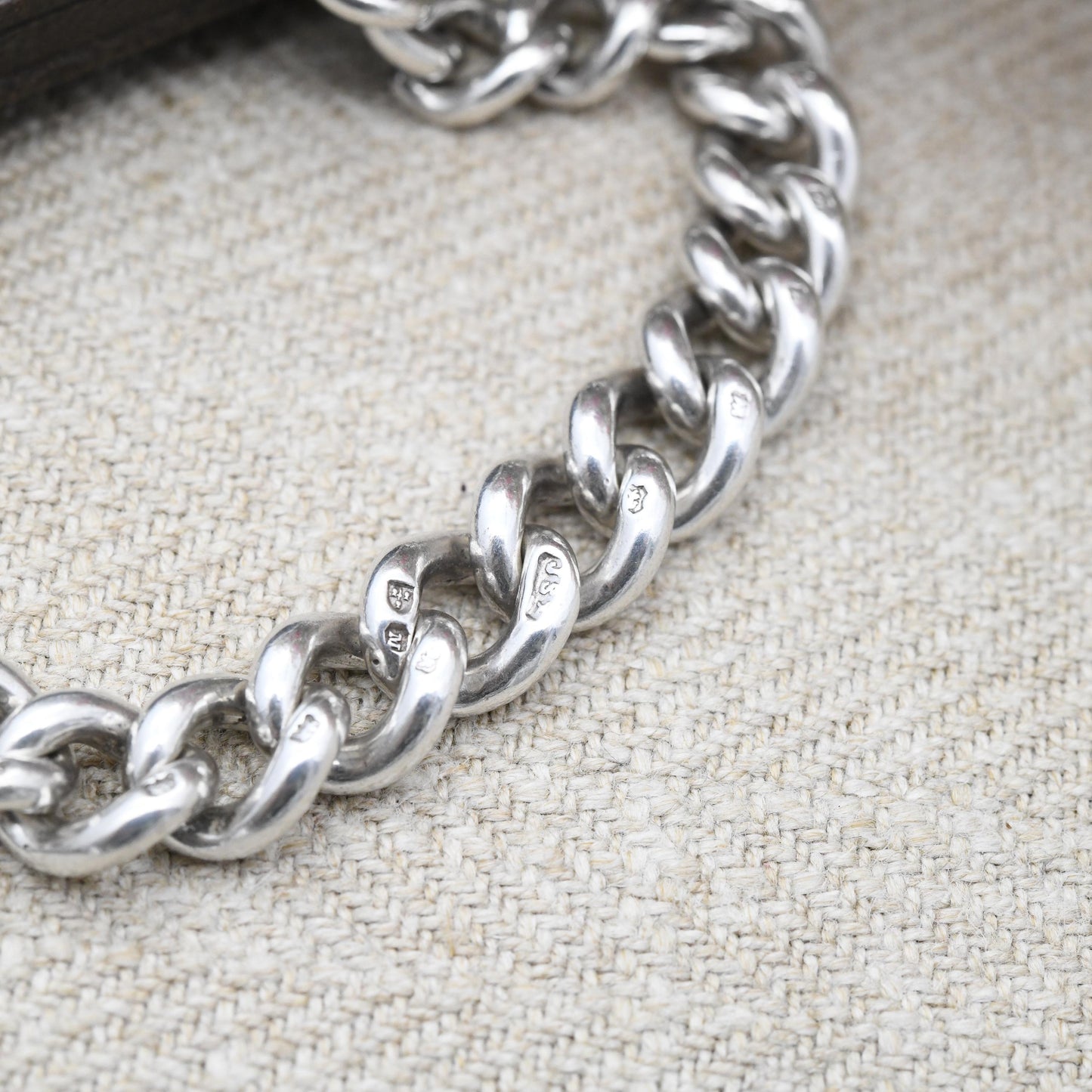 Antique Victorian Sterling Silver Chain Bracelet 1895 by Joseph Sewill - Graduated Rounded Curb Stamp to Every Link | Empty Charm Bracelet