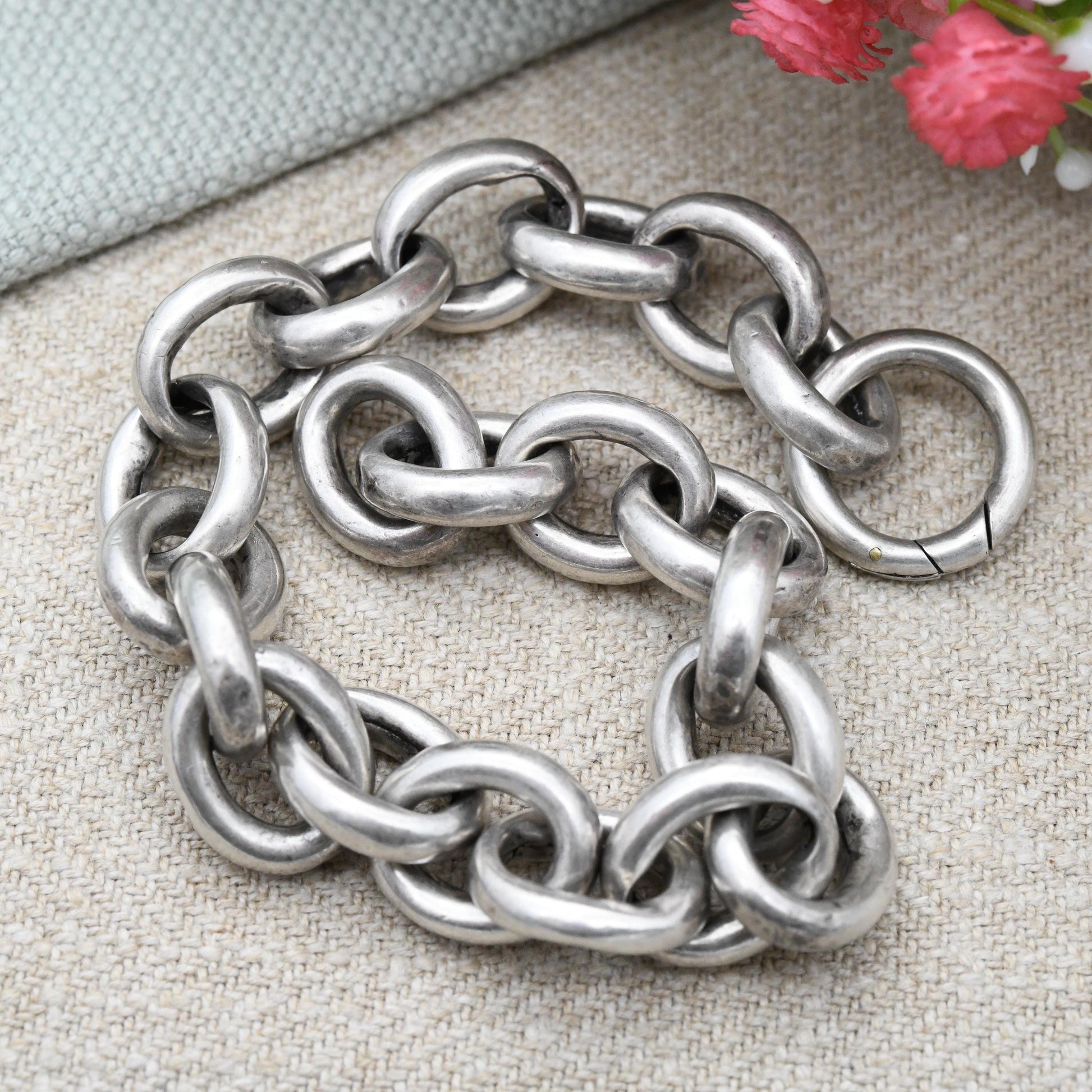 Antique Victorian Silver Cable Link Bracelet - Large Chunky Chain Bracelet Hollow Silver Oversized Spring Ring Clasp | Length 22.5cm