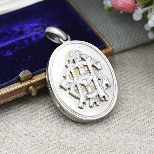 Antique Victorian Monogram Sterling Silver Locket with Interwoven Letter Design AIE - Oval Pendant Engraved Fancy Initials Sentimental Gift