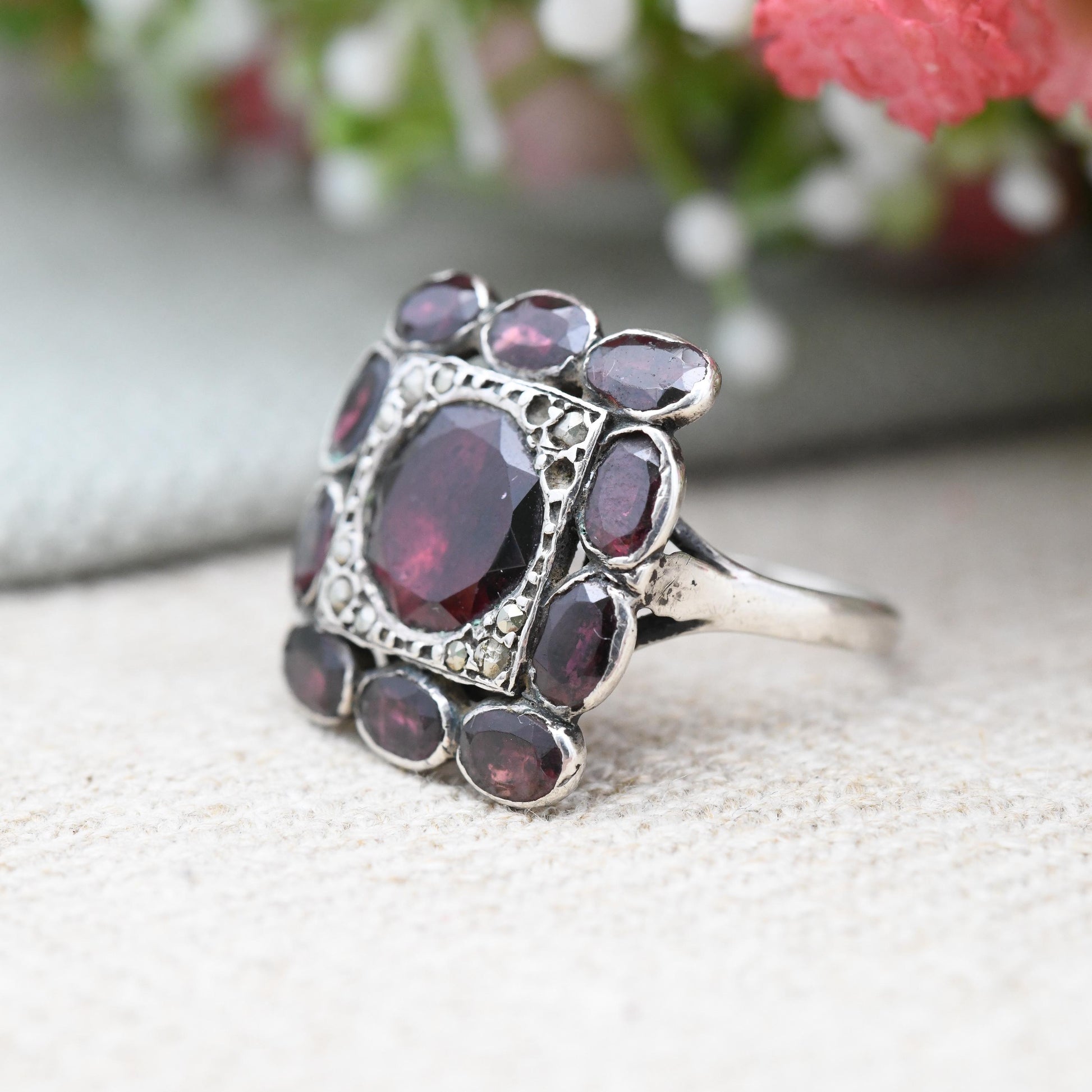 Antique Silver Garnet and Marcasite Ring with Closed Back Setting - Statement Cocktail Square Ring Gift for Her | UK Size - O | US Size - 7