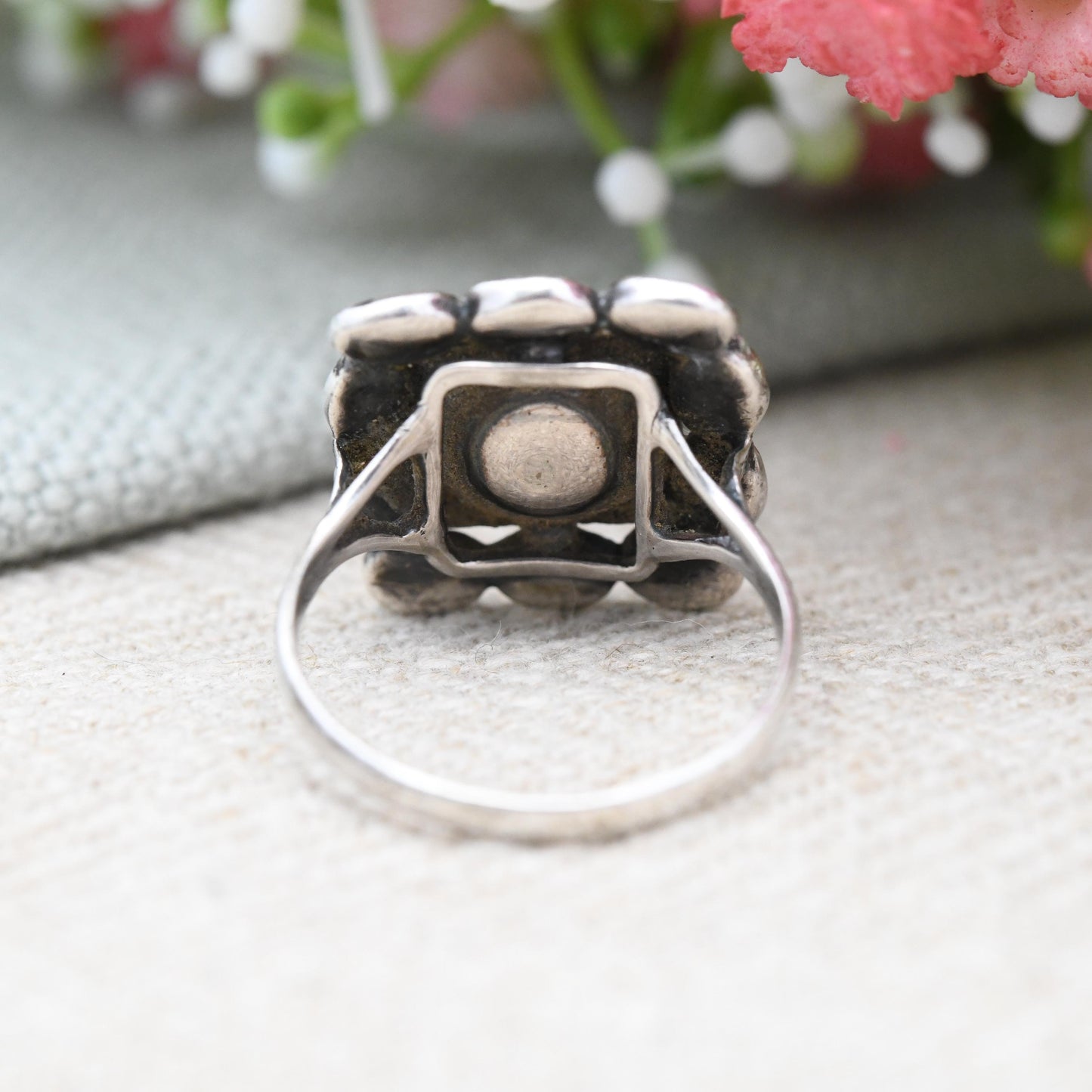 Antique Silver Garnet and Marcasite Ring with Closed Back Setting - Statement Cocktail Square Ring Gift for Her | UK Size - O | US Size - 7