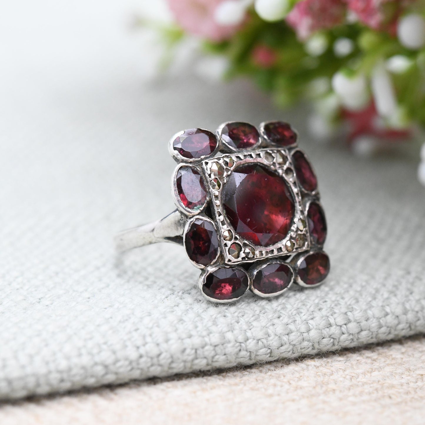 Antique Silver Garnet and Marcasite Ring with Closed Back Setting - Statement Cocktail Square Ring Gift for Her | UK Size - O | US Size - 7