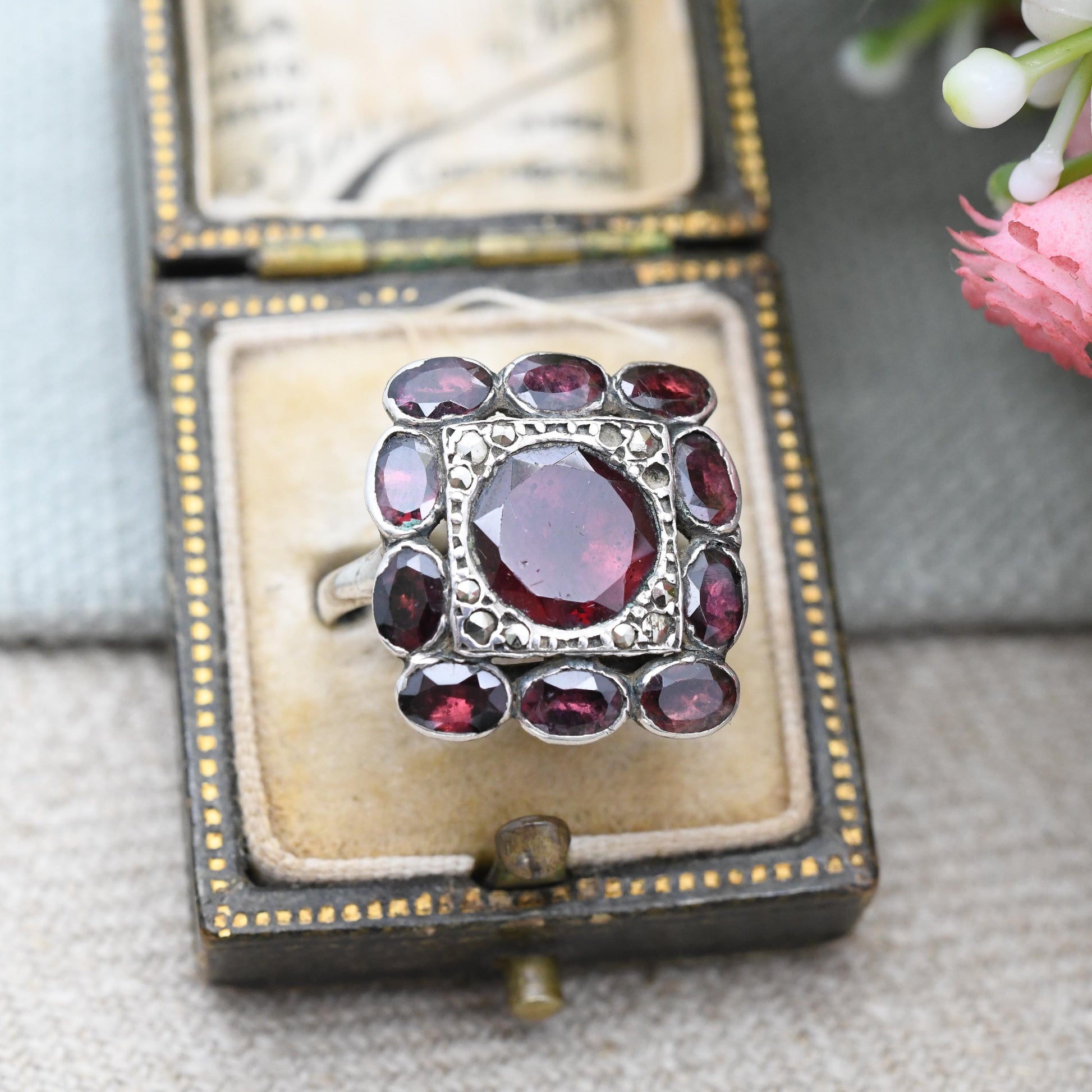 Antique Silver Garnet and Marcasite Ring with Closed Back Setting - Statement Cocktail Square Ring Gift for Her | UK Size - O | US Size - 7