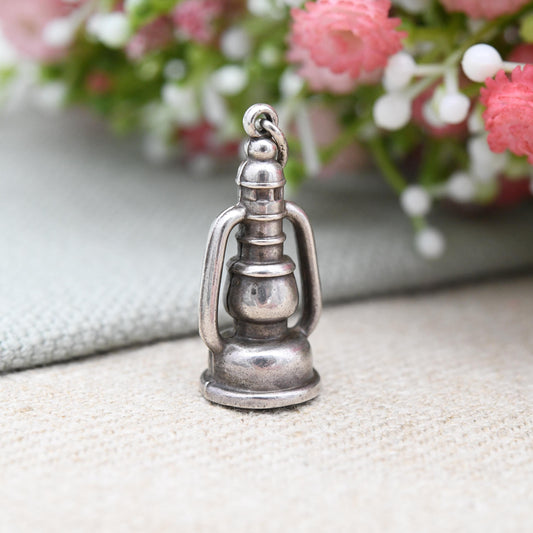 Vintage Sterling Silver Miner's Lamp Charm Pendant - Old Fashioned Mining Necklace Cute 3D Realistic Charm Gift Lighthouse Shape