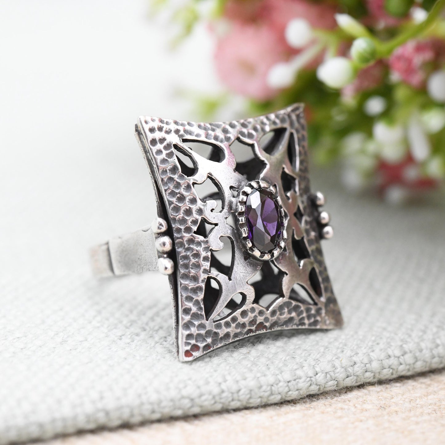 Vintage Hammered Sterling Silver Statement Ring with Purple Stone - Large Gothic Style Dress Ring Signed Designer | UK Size - Q US Size - 8