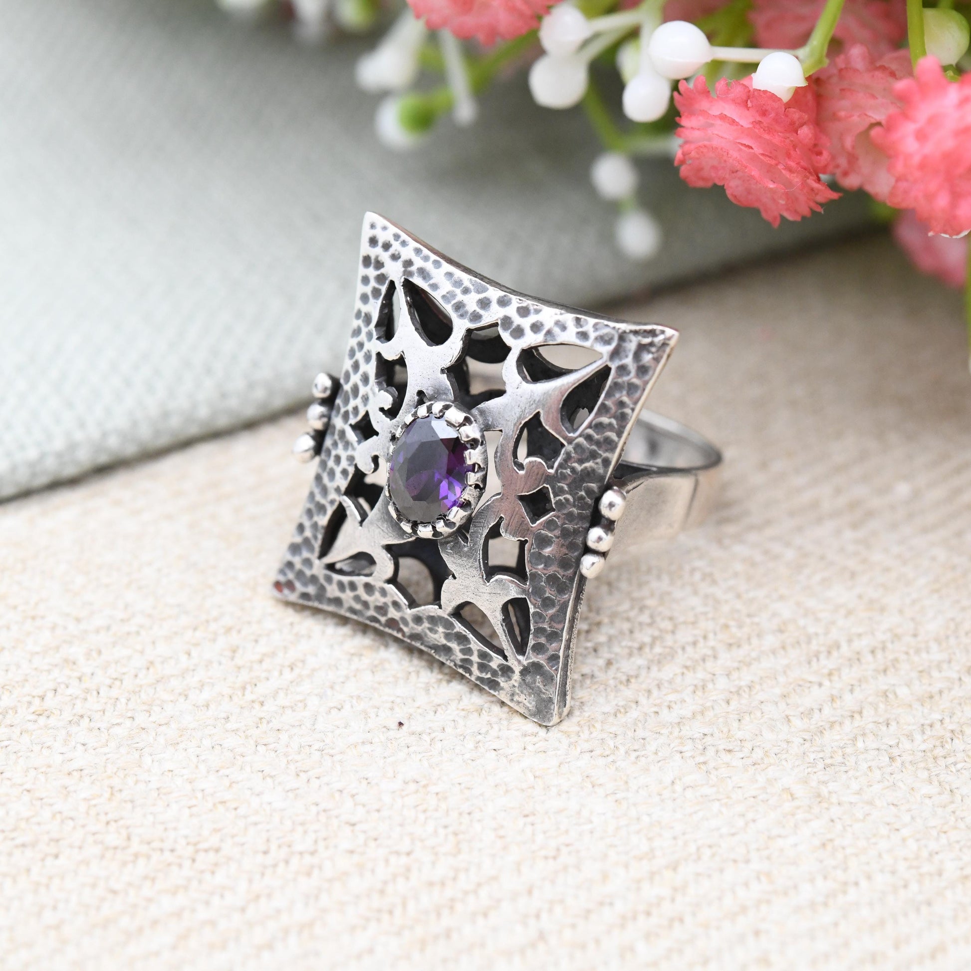 Vintage Hammered Sterling Silver Statement Ring with Purple Stone - Large Gothic Style Dress Ring Signed Designer | UK Size - Q US Size - 8