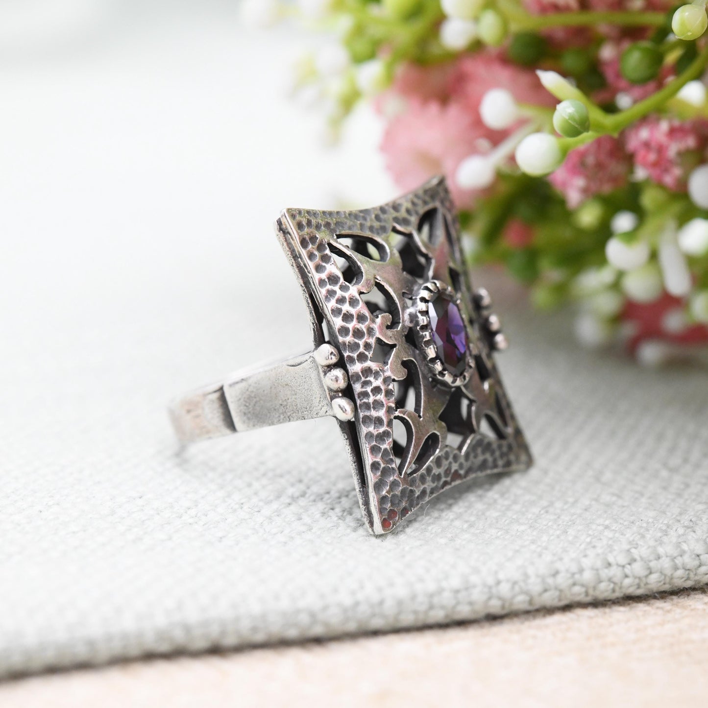 Vintage Hammered Sterling Silver Statement Ring with Purple Stone - Large Gothic Style Dress Ring Signed Designer | UK Size - Q US Size - 8