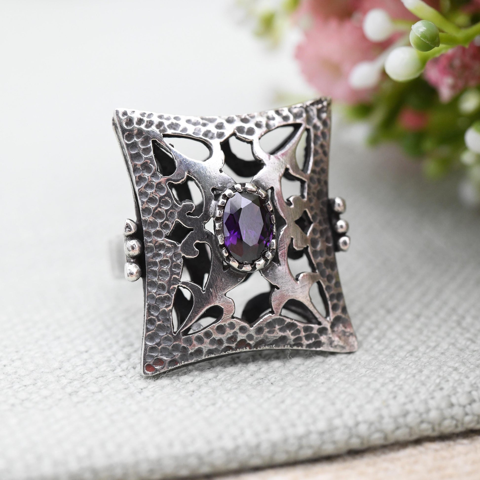 Vintage Hammered Sterling Silver Statement Ring with Purple Stone - Large Gothic Style Dress Ring Signed Designer | UK Size - Q US Size - 8