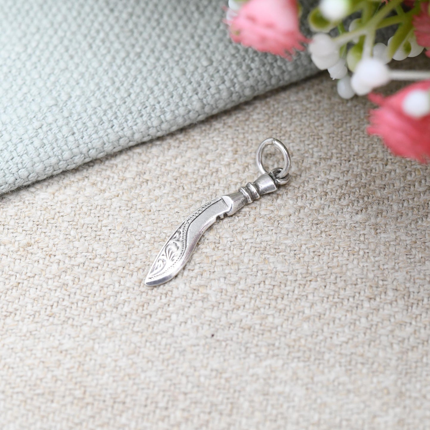 Vintage Sterling Silver Dagger Charm Pendant - Scrolling Pattern Engraved Blade | for Charm Bracelet Necklace Stack