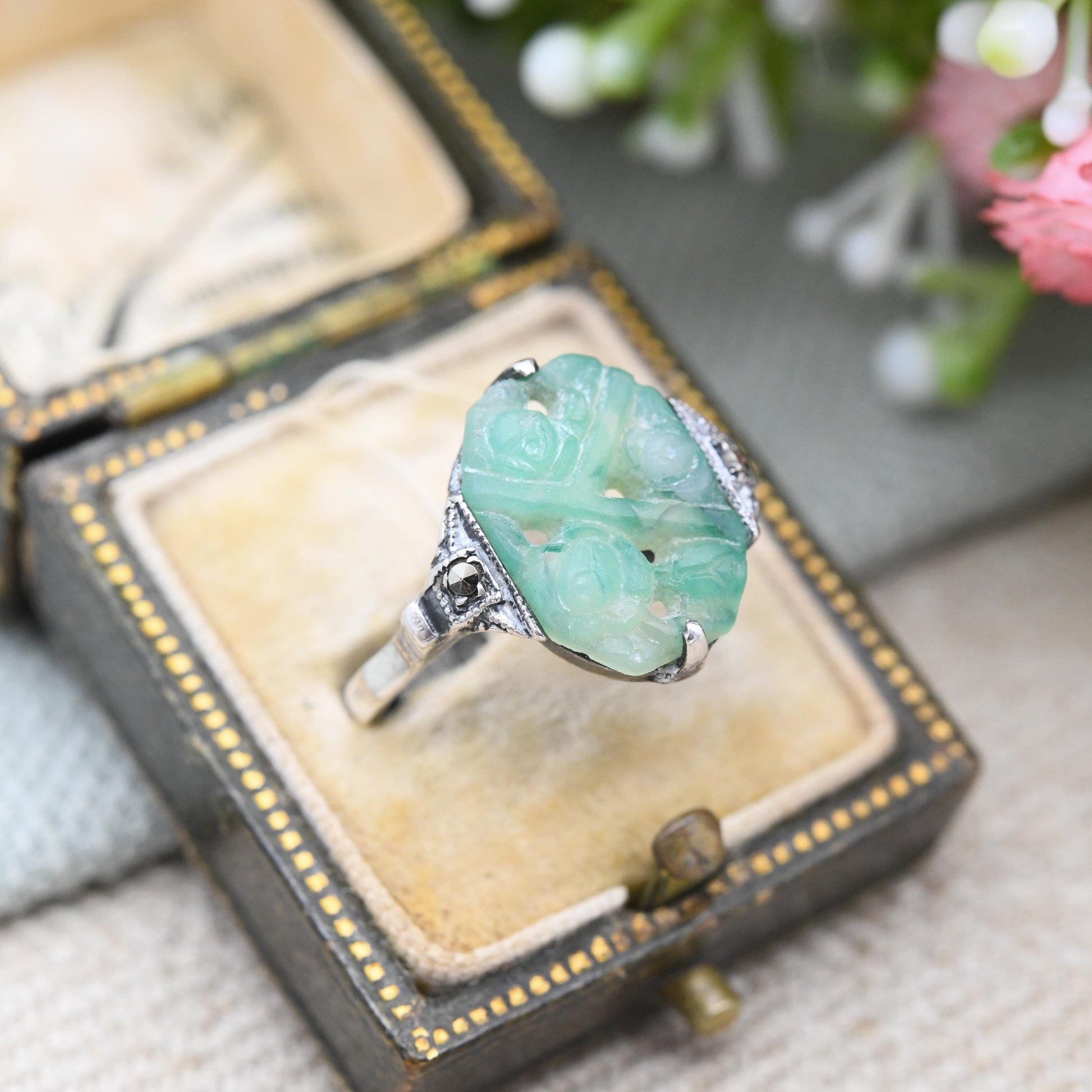 Vintage TLM Art Deco Sterling Silver Carved Peking Glass Ring - 1930s Green Flower Roses Designer Ring | UK Size - O 1/2 | US Size - 7 1/2