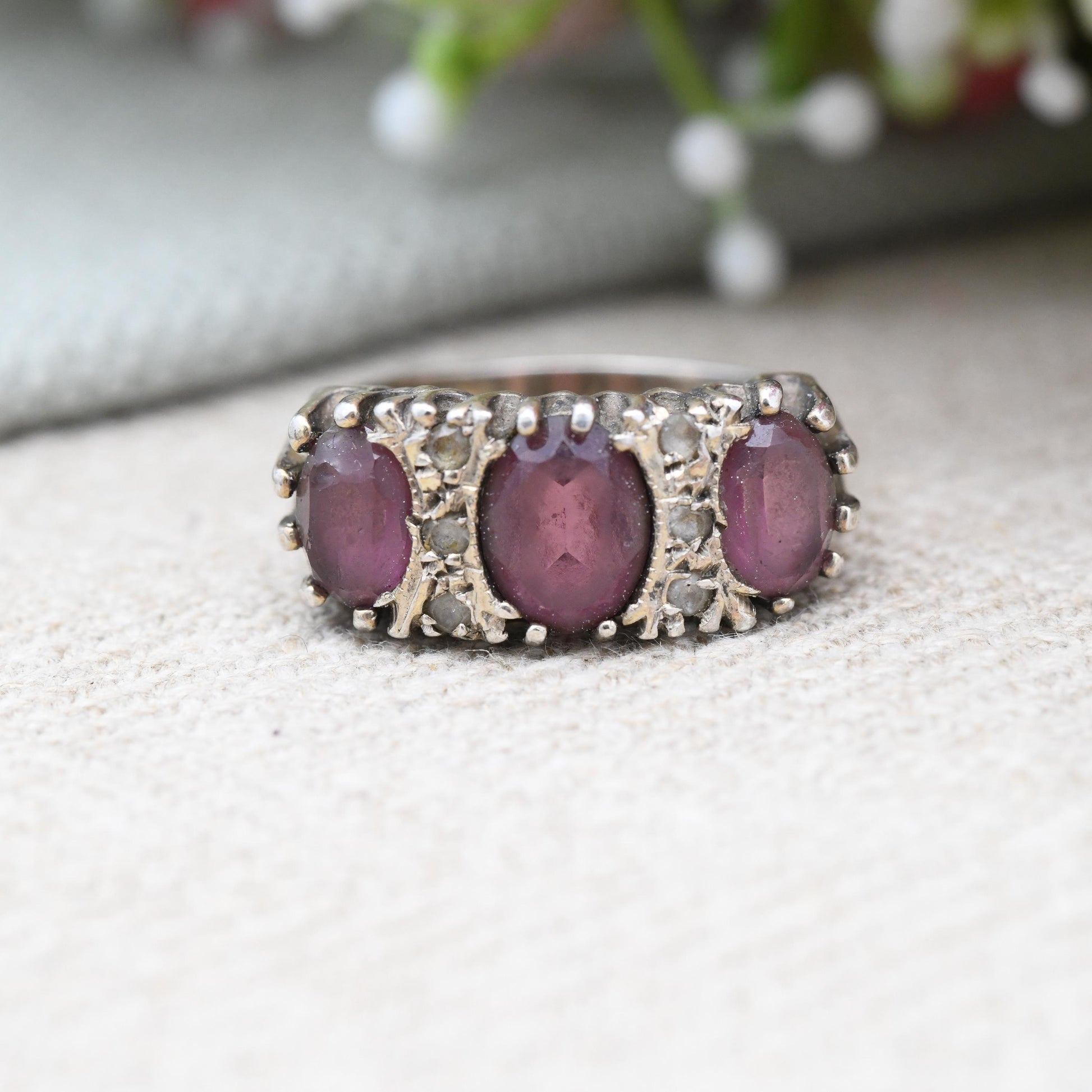 Vintage Sterling Silver Purple Three Stone Ring Clear Stone Accents 1975 - Antique Style Victorian Revival | UK Size - N | US Size - 6 1/2