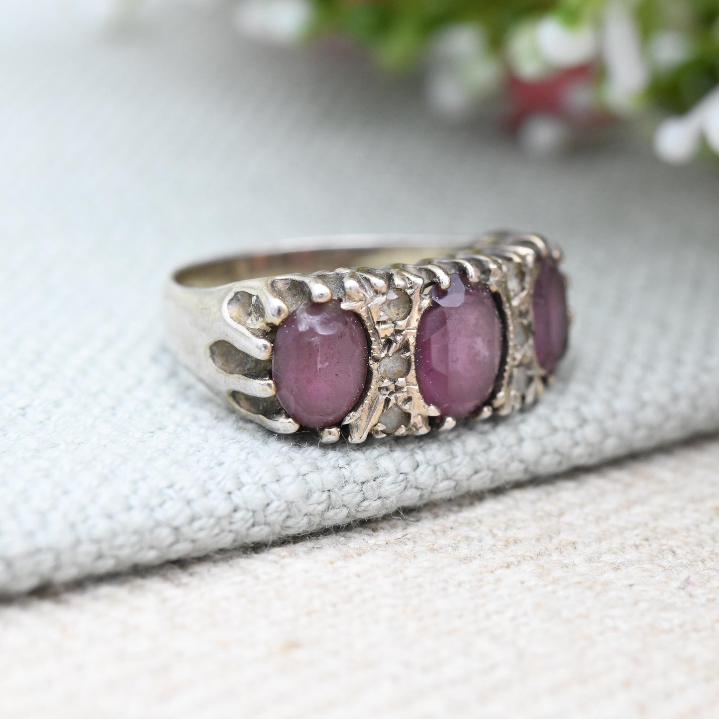 Vintage Sterling Silver Purple Three Stone Ring Clear Stone Accents 1975 - Antique Style Victorian Revival | UK Size - N | US Size - 6 1/2