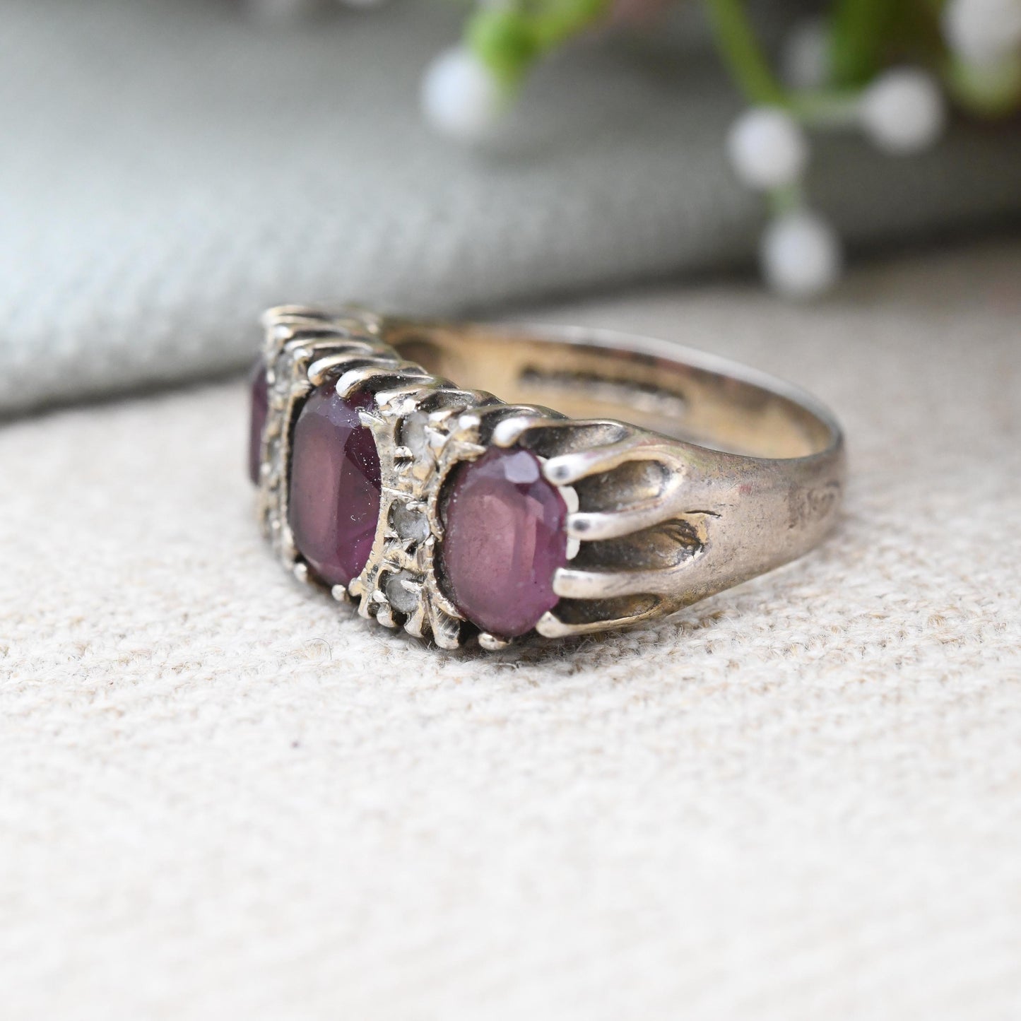 Vintage Sterling Silver Purple Three Stone Ring Clear Stone Accents 1975 - Antique Style Victorian Revival | UK Size - N | US Size - 6 1/2