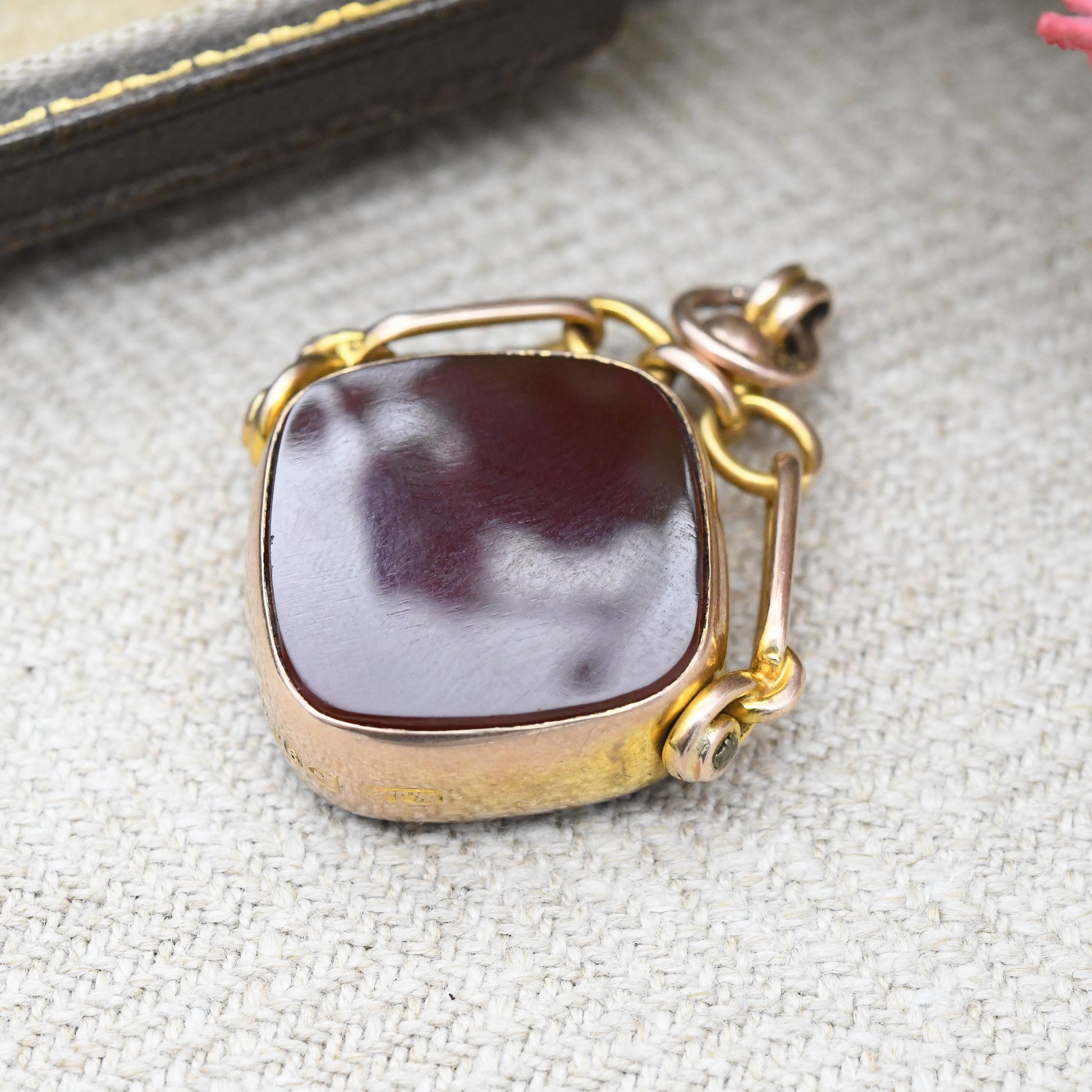 Antique 9ct Gold Spinner Fob Pendant 1910 by William John Pellow WJP - Carnelian and Bloodstone Gemstone Watch Fob for Charm Necklace Stack