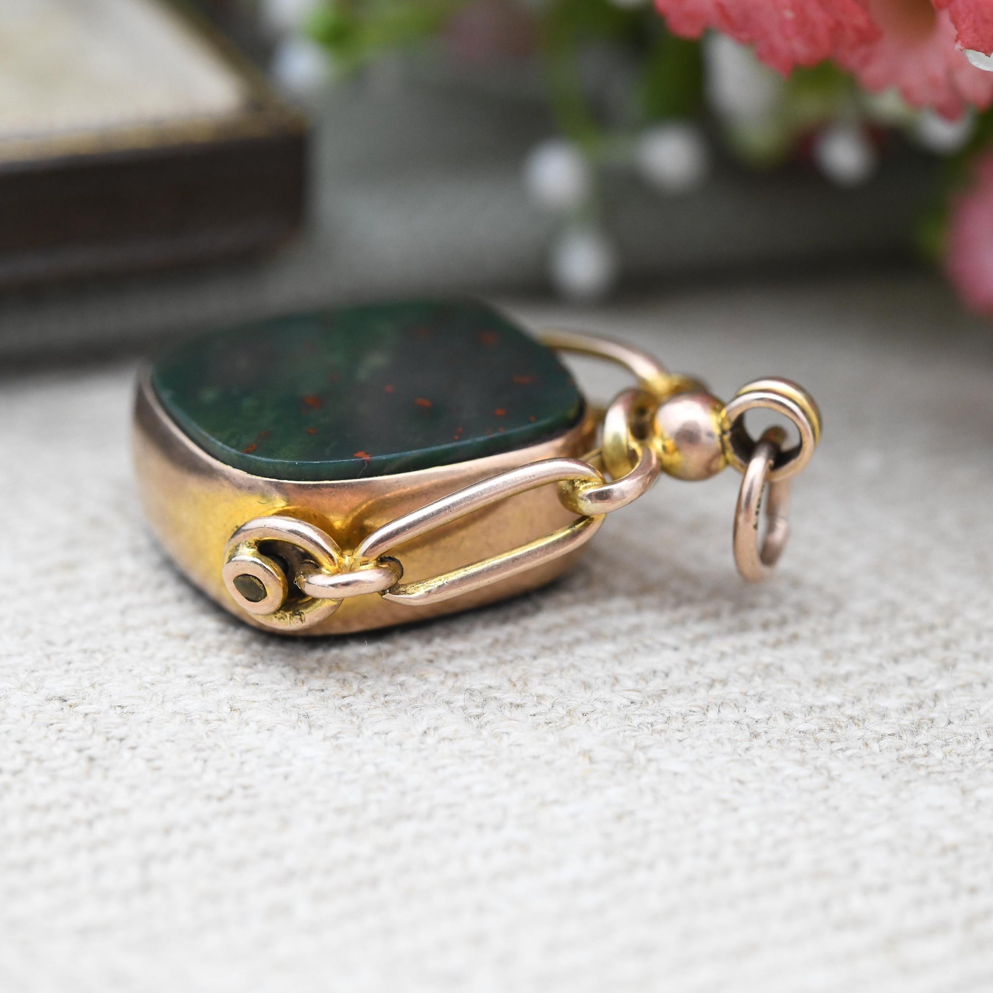 Antique 9ct Gold Spinner Fob Pendant 1910 by William John Pellow WJP - Carnelian and Bloodstone Gemstone Watch Fob for Charm Necklace Stack