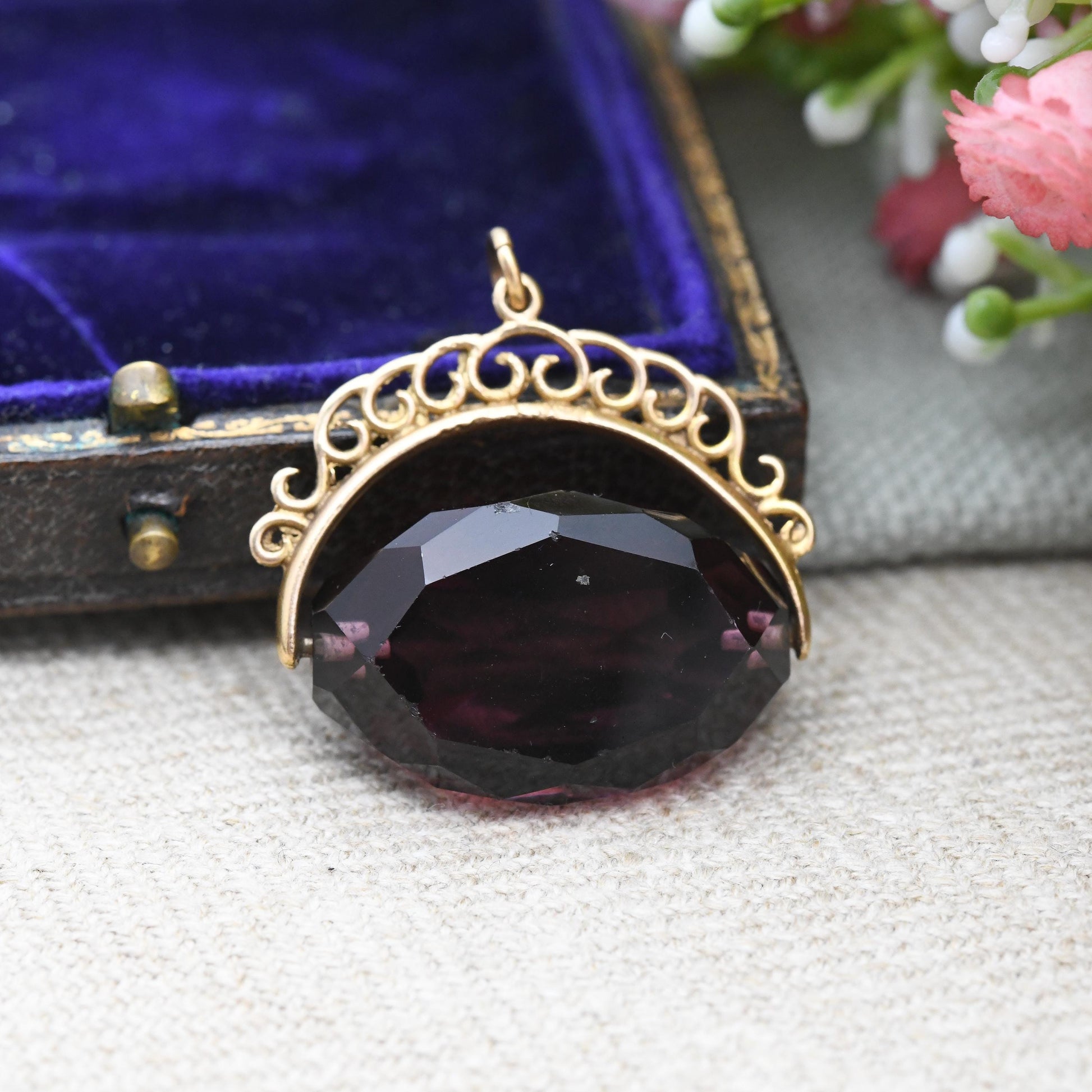 Vintage 9ct Gold Spinner Fob Purple Glass Stone - Large Faceted Stone Watch Fob Pendant | Antique Style Amethyst Paste Fidget Jewellery